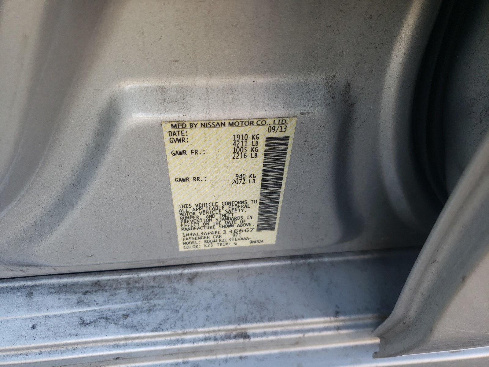 Photo 10 from auction – 2014 NISSAN ALTIMA 2.5 with VIN 1N4AL3AP4EC136667