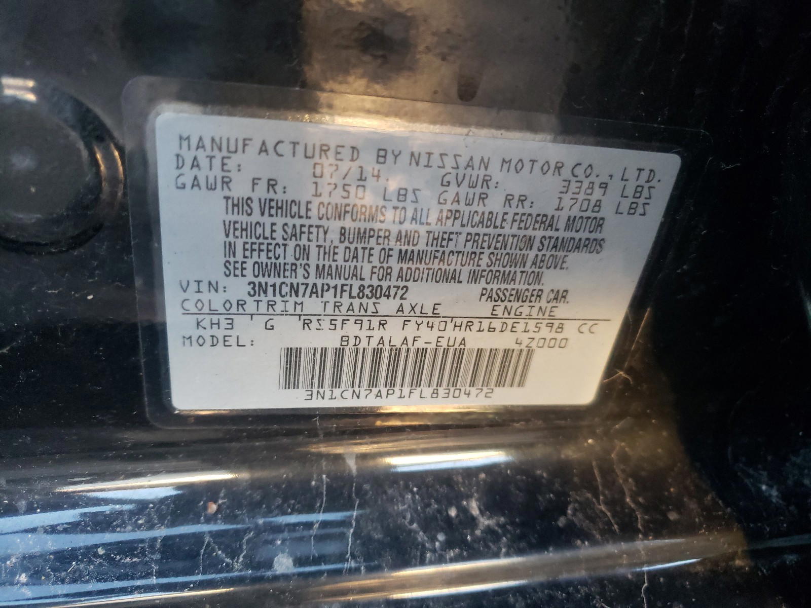 Photo 10 from auction – 2015 NISSAN VERSA S with VIN 3N1CN7AP1FL830472
