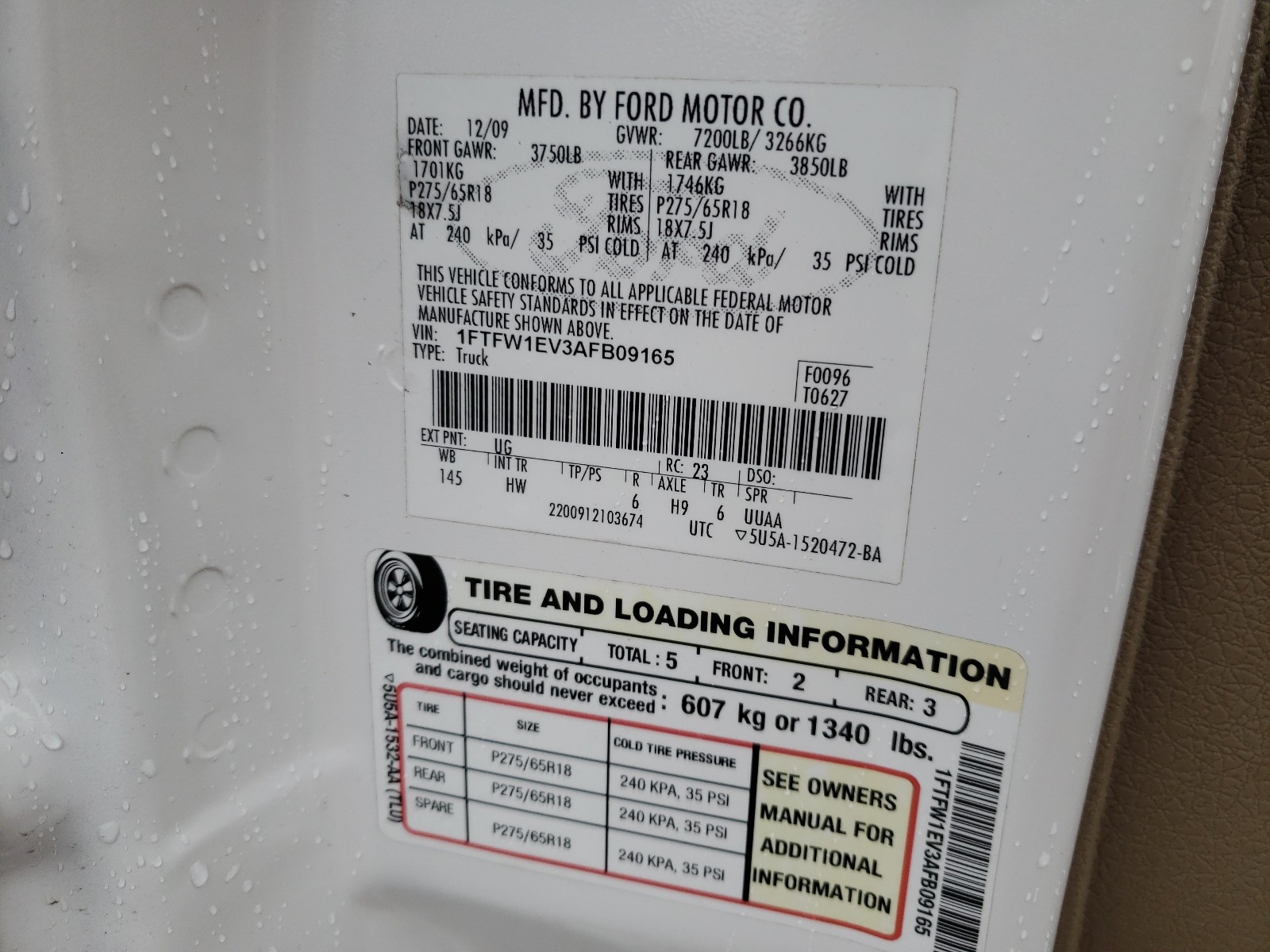 Photo 10 from auction – 2010 FORD F150 SUPER with VIN 1FTFW1EV3AFB09165