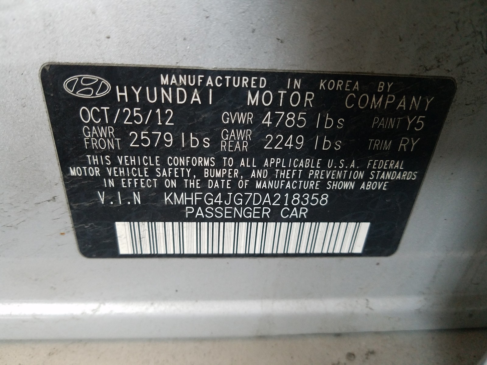 Photo 10 from auction – 2013 HYUNDAI AZERA with VIN KMHFG4JG7DA218358