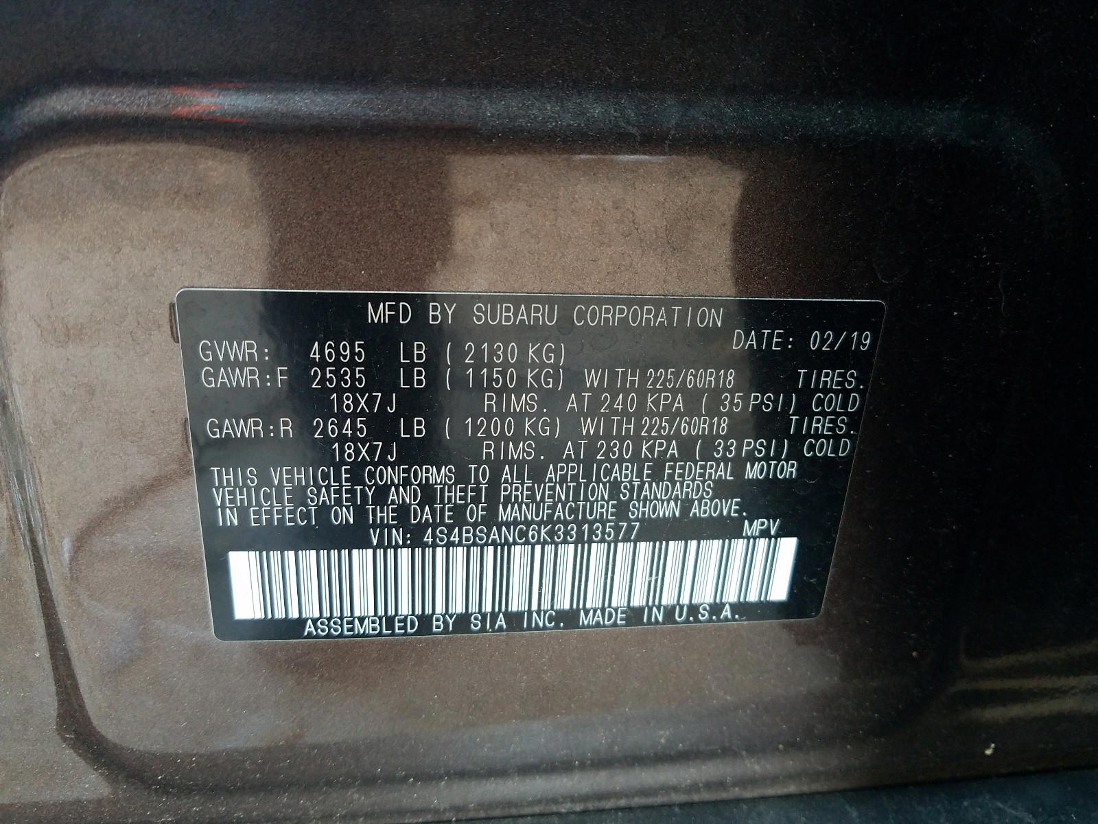 Photo 10 from auction – 2019 SUBARU OUTBACK 2. with VIN 4S4BSANC6K3313577
