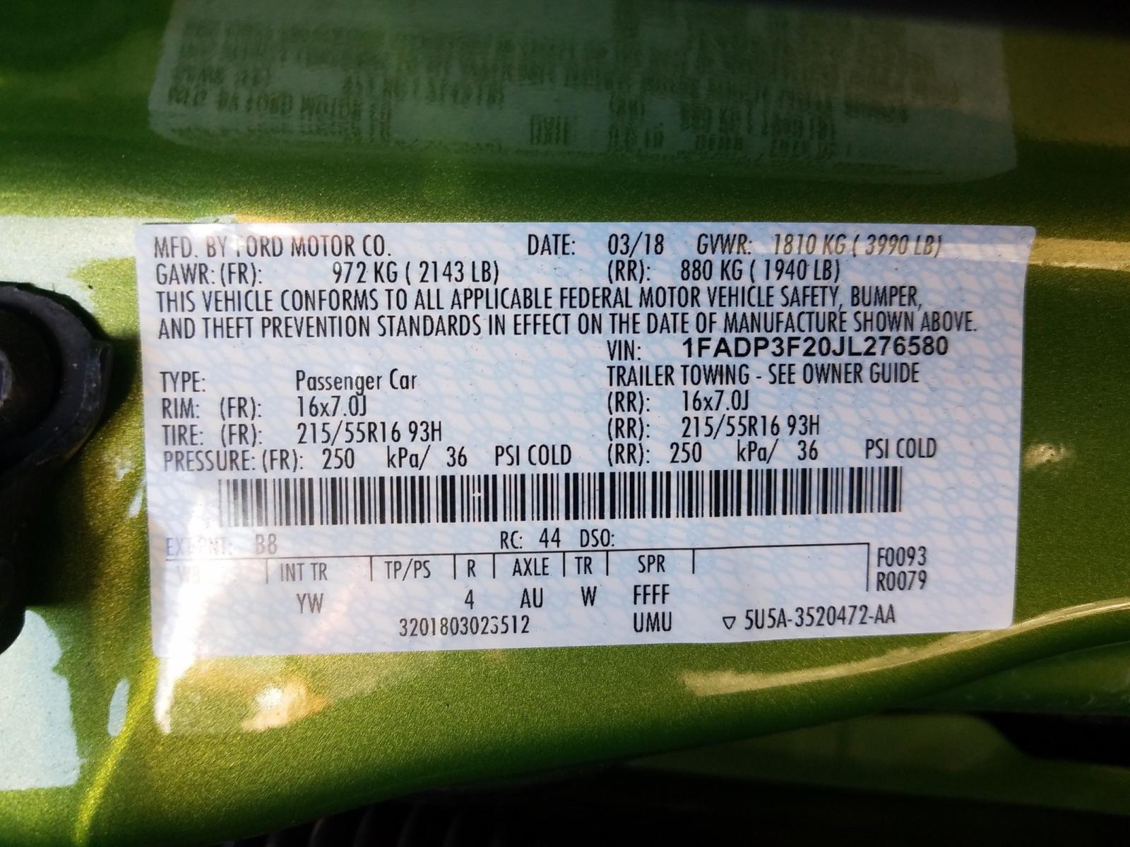 Photo 10 from auction – 2018 FORD FOCUS SE with VIN 1FADP3F20JL276580