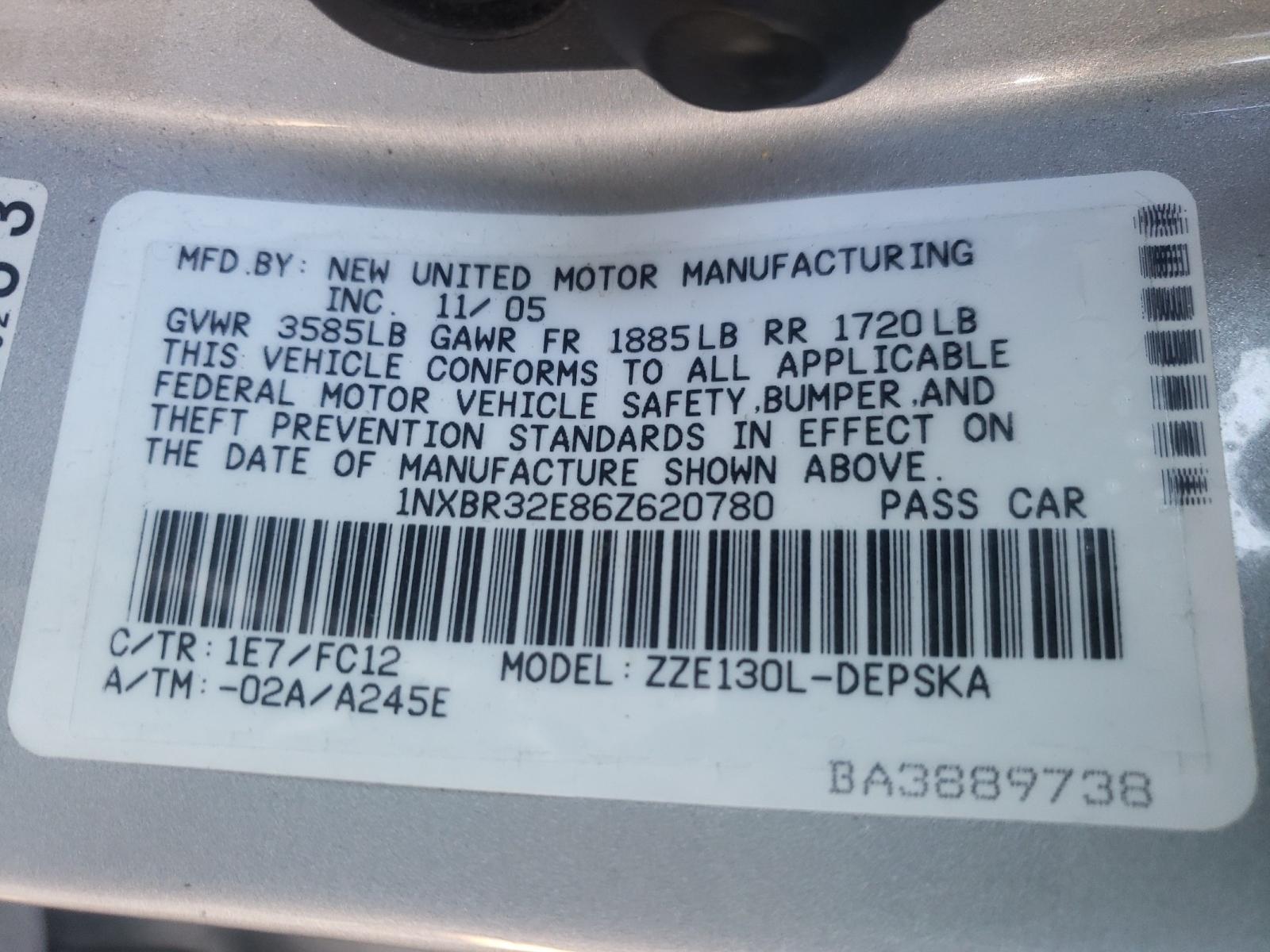 Photo 10 from auction – 2006 TOYOTA COROLLA CE with VIN 1NXBR32E86Z620780