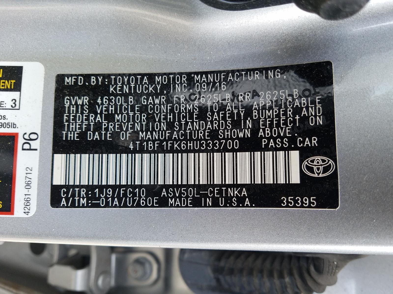 Photo 10 from auction – 2017 TOYOTA CAMRY LE with VIN 4T1BF1FK6HU333700