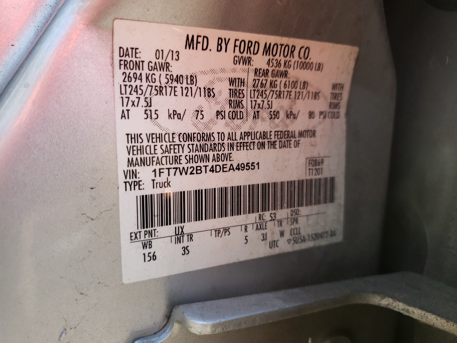 Photo 10 from auction – 2013 FORD F250 SUPER with VIN 1FT7W2BT4DEA49551