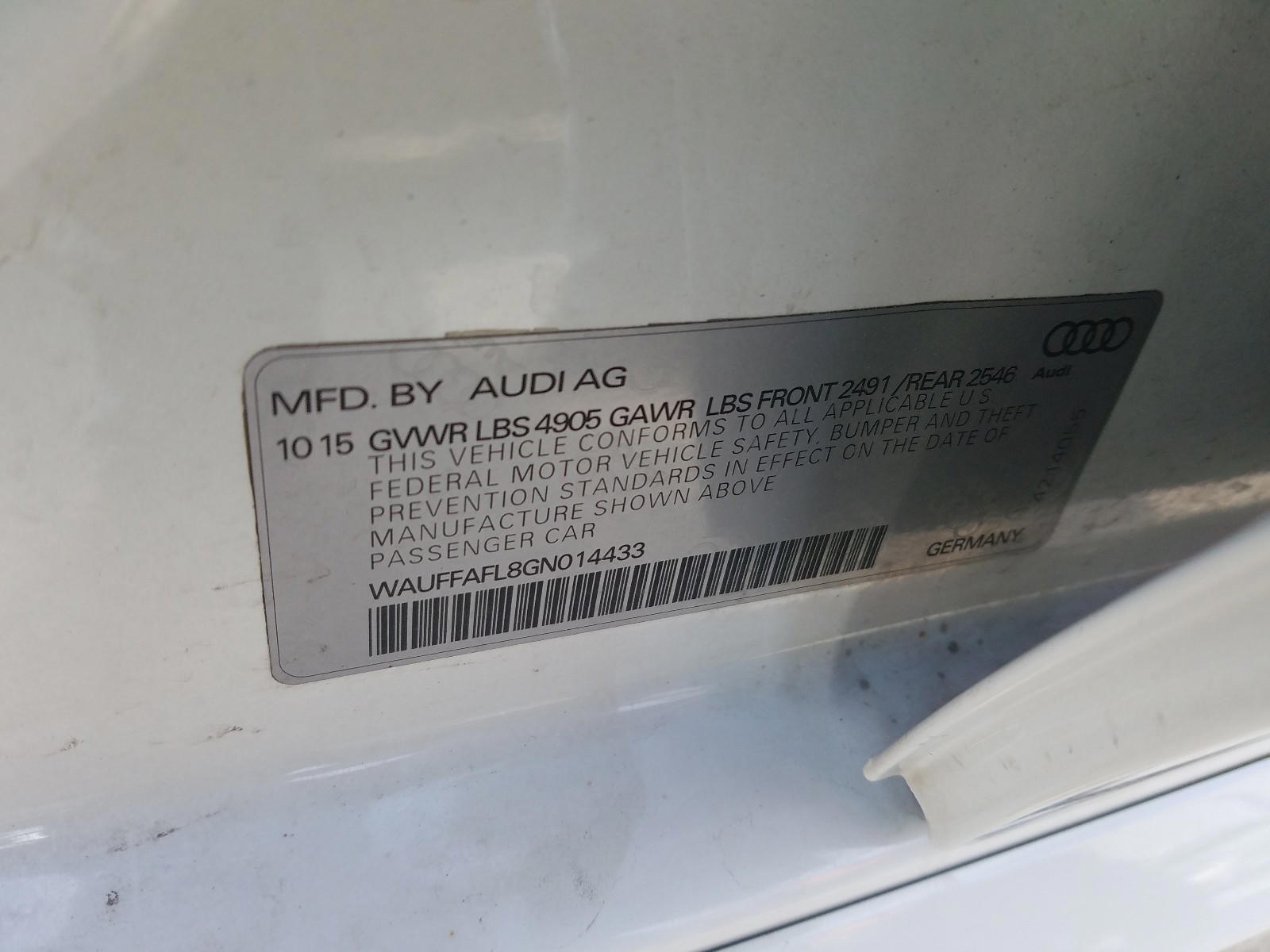 Photo 10 from auction – 2016 AUDI A4 PREMIUM with VIN WAUFFAFL8GN014433