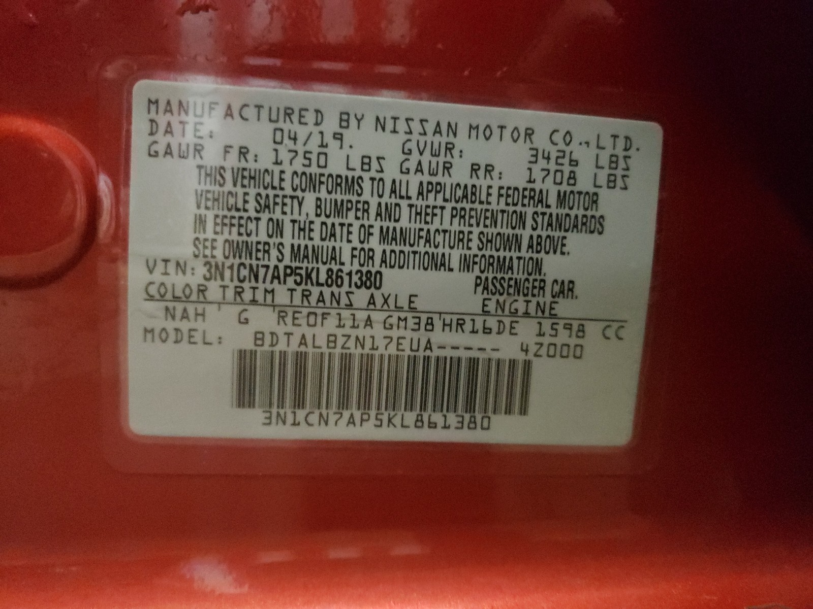 Photo 10 from auction – 2019 NISSAN VERSA S with VIN 3N1CN7AP5KL861380