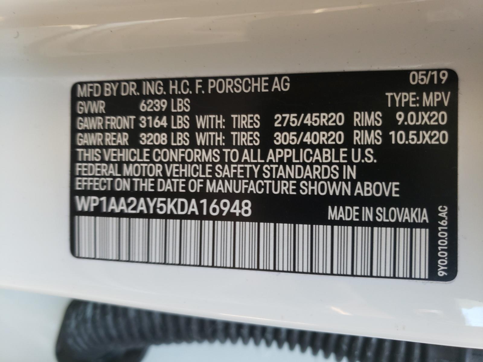 Photo 10 from auction – 2019 PORSCHE CAYENNE with VIN WP1AA2AY5KDA16948