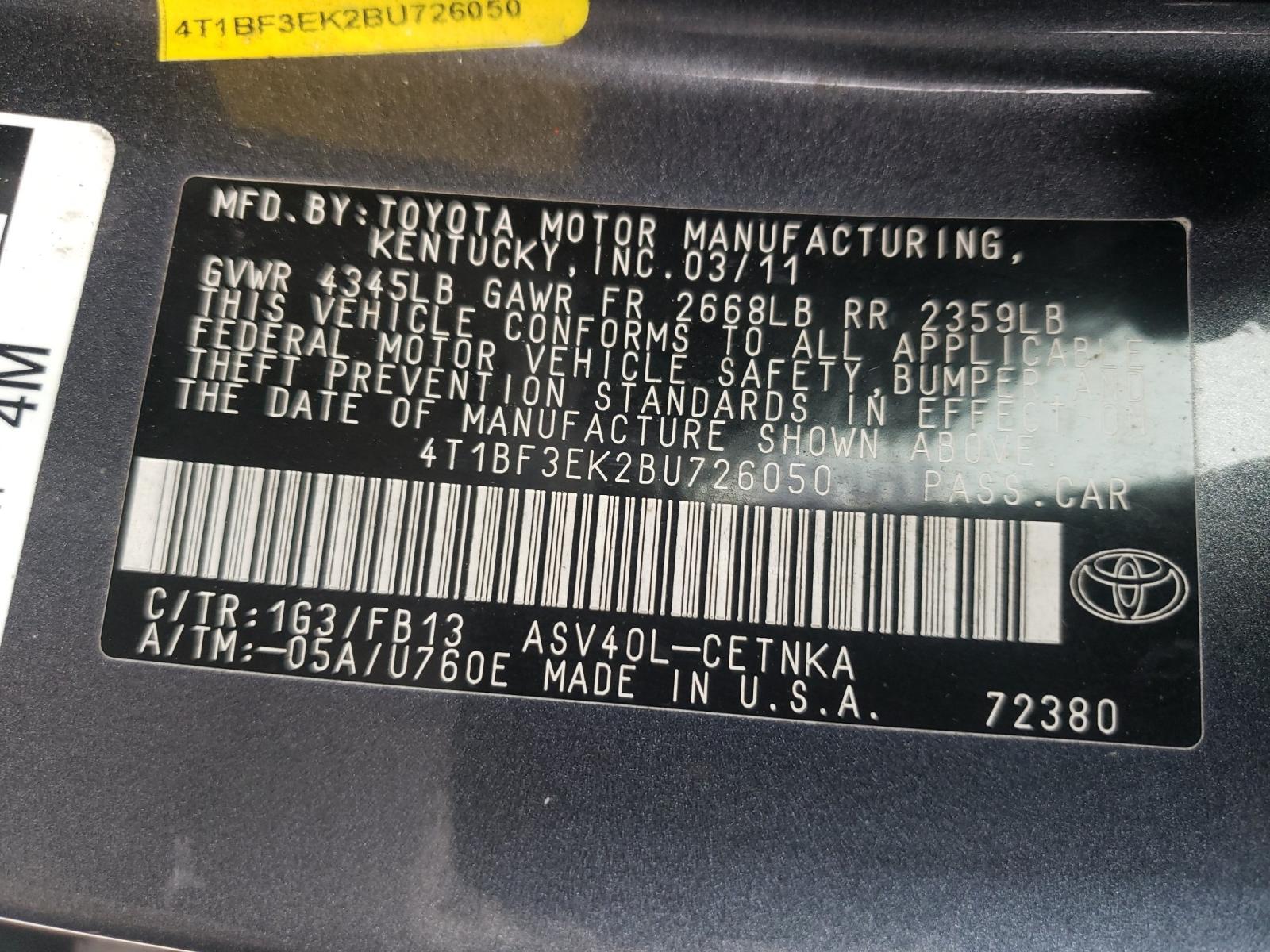 Photo 10 from auction – 2011 TOYOTA CAMRY BASE with VIN 4T1BF3EK2BU726050