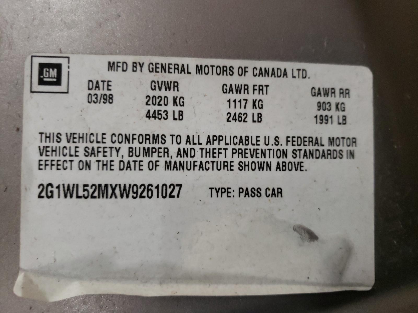 Photo 10 from auction – 1998 CHEVROLET LUMINA BAS with VIN 2G1WL52MXW9261027