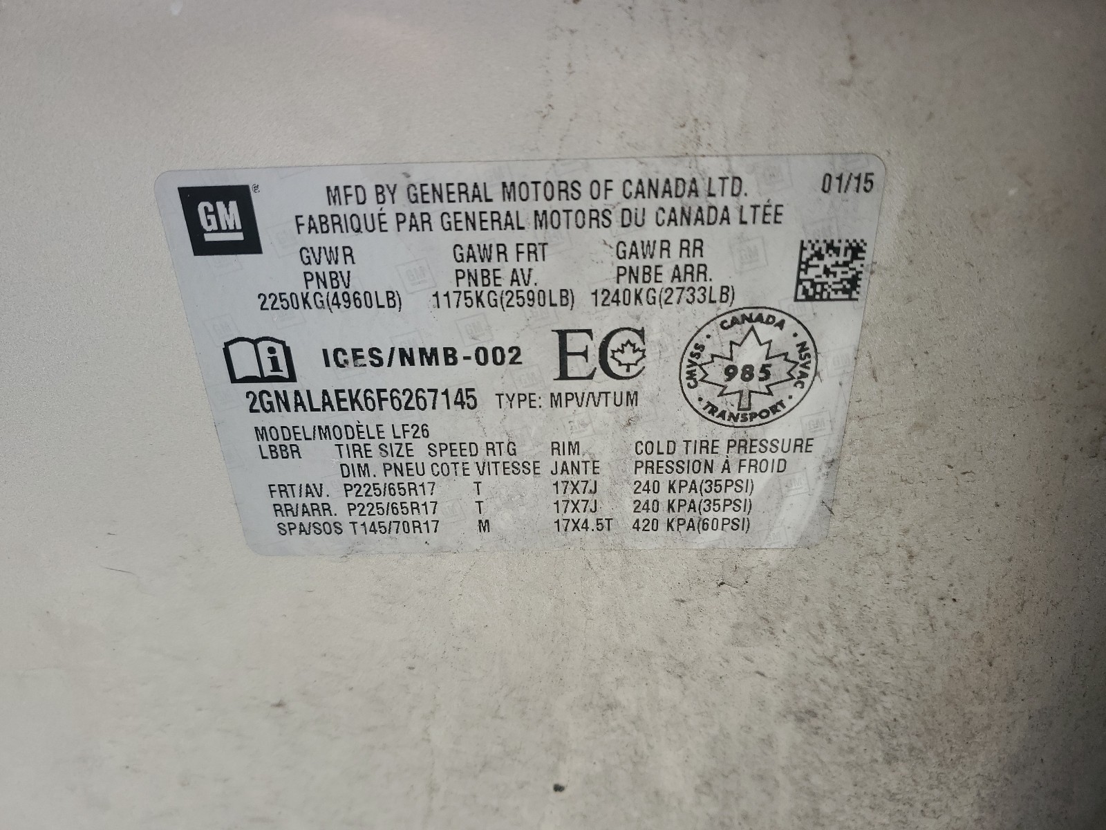 Photo 20 from auction – 2015 CHEVROLET EQUINOX LS with VIN 2GNALAEK6F6267145