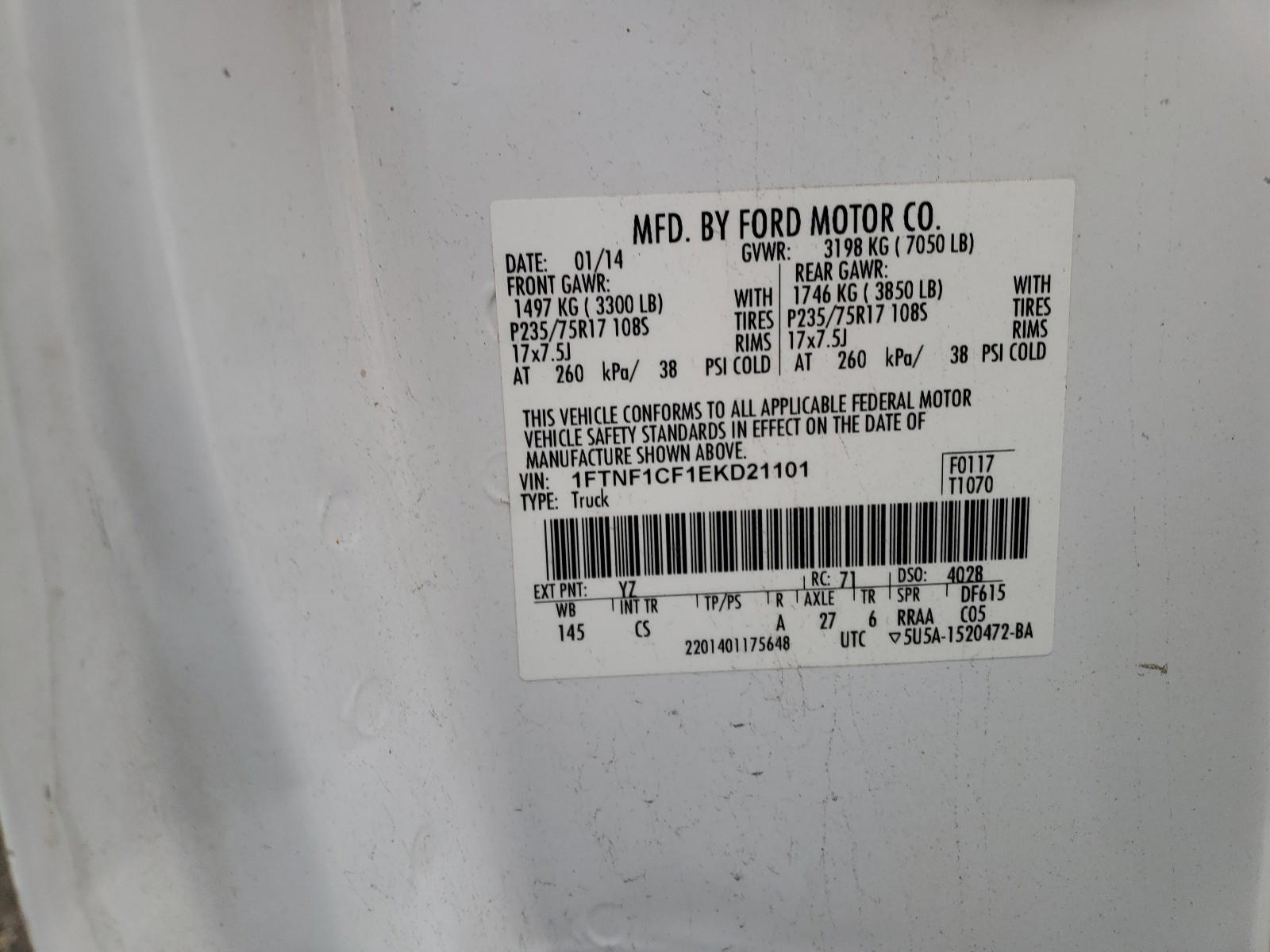 Photo 10 from auction – 2014 FORD F150 with VIN 1FTNF1CF1EKD21101