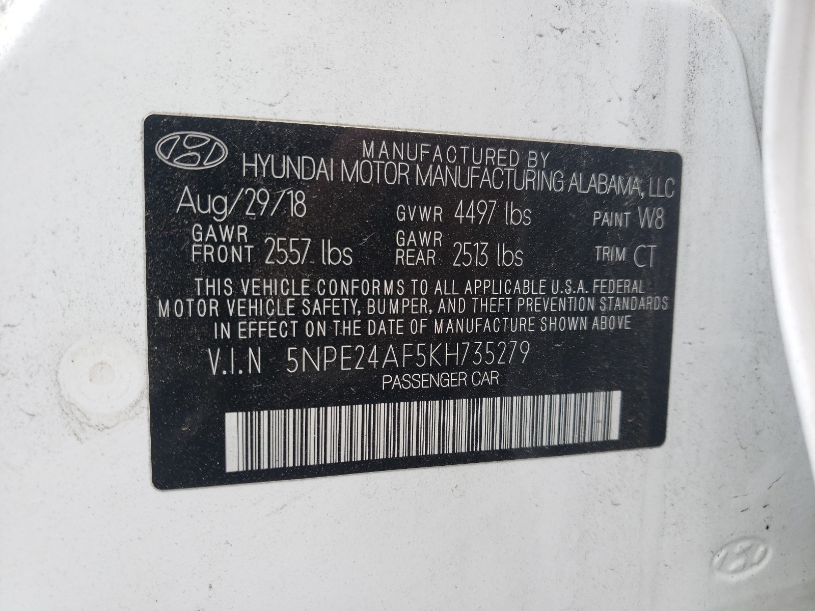 Photo 10 from auction – 2019 HYUNDAI SONATA SE with VIN 5NPE24AF5KH735279