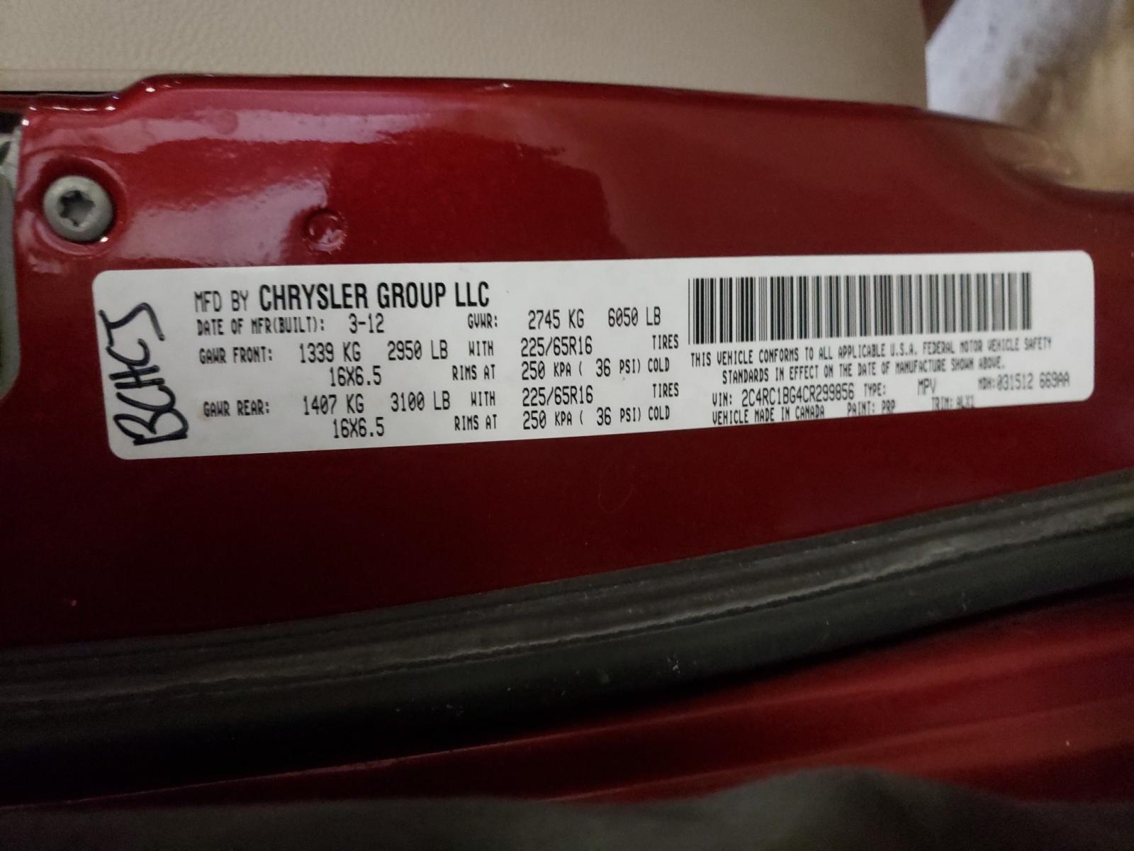 Photo 10 from auction – 2012 CHRYSLER TOWN & COU with VIN 2C4RC1BG4CR299856