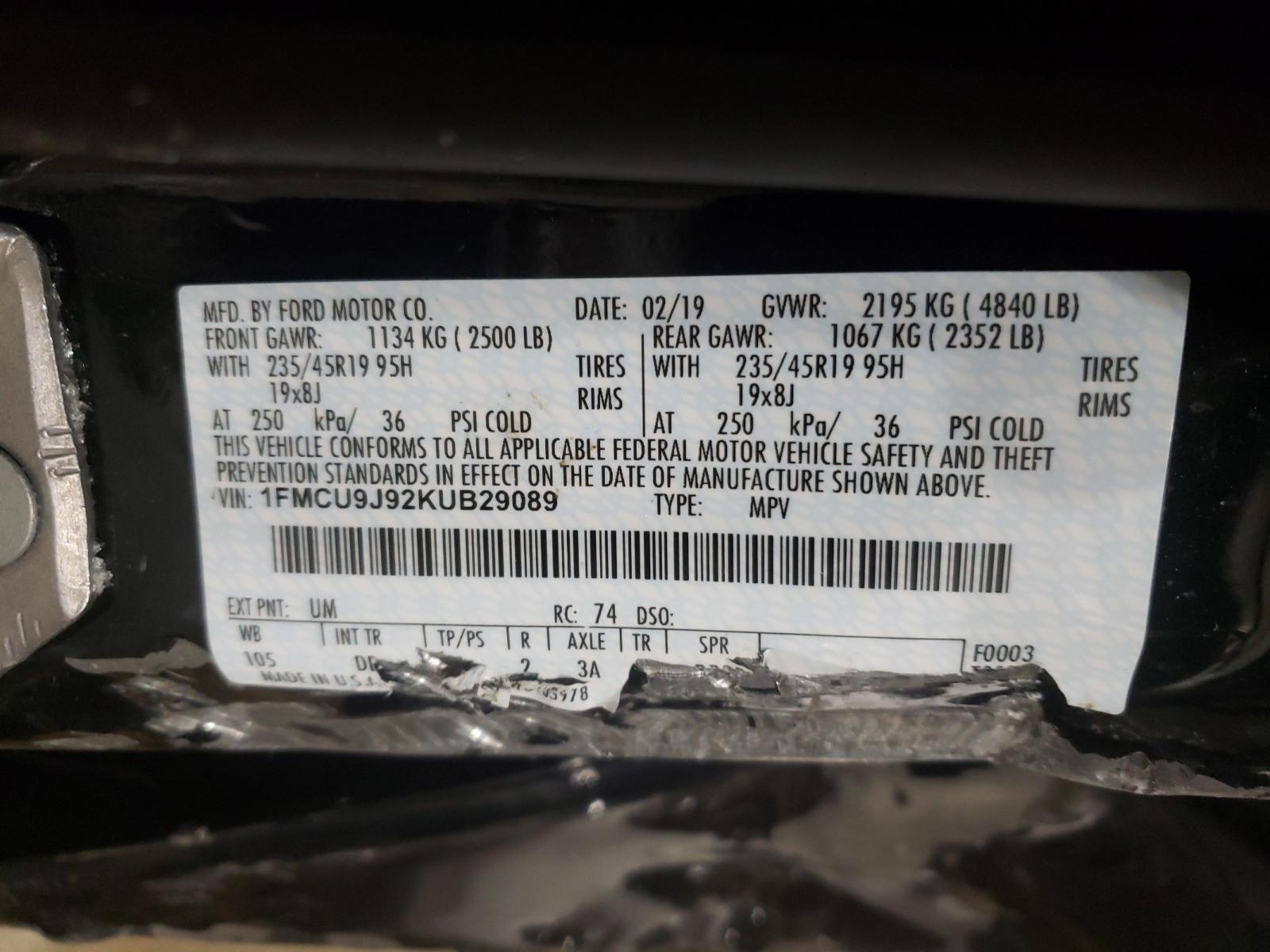 Photo 10 from auction – 2019 FORD ESCAPE TIT with VIN 1FMCU9J92KUB29089