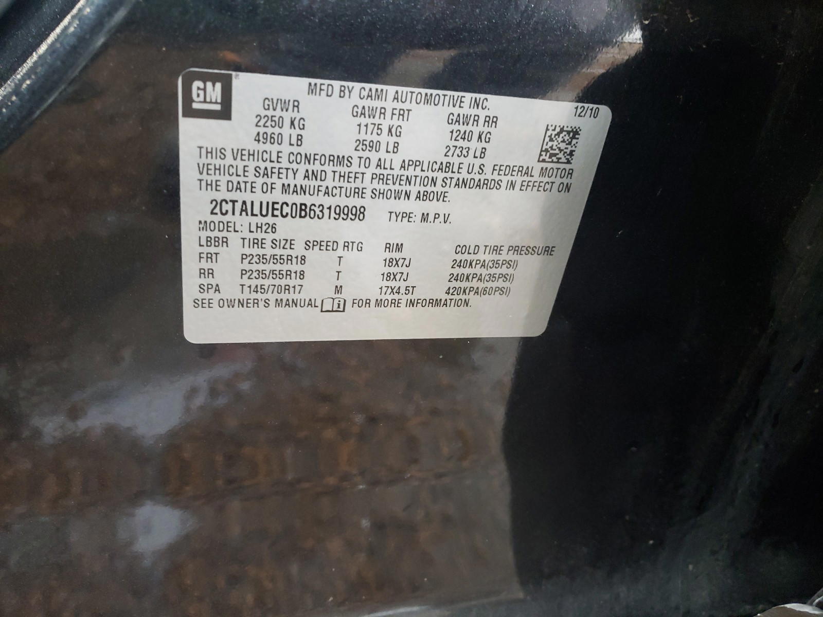 Photo 10 from auction – 2011 GMC TERRAIN SL with VIN 2CTALUEC0B6319998
