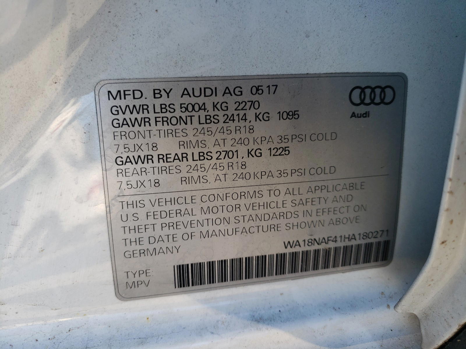 Photo 10 from auction – 2017 AUDI A4 ALLROAD with VIN WA18NAF41HA180271