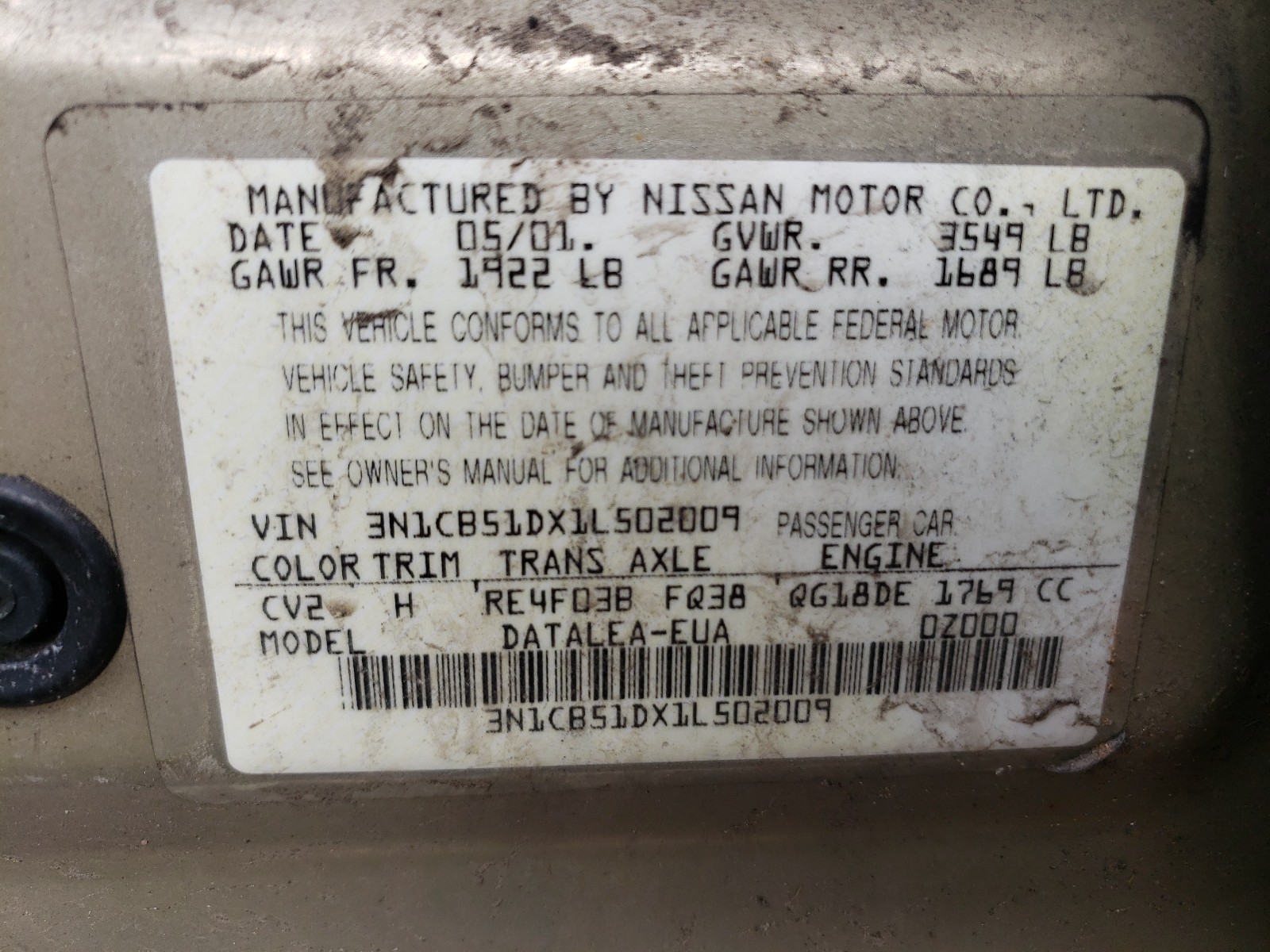 Photo 10 from auction – 2001 NISSAN SENTRA XE with VIN 3N1CB51DX1L502009