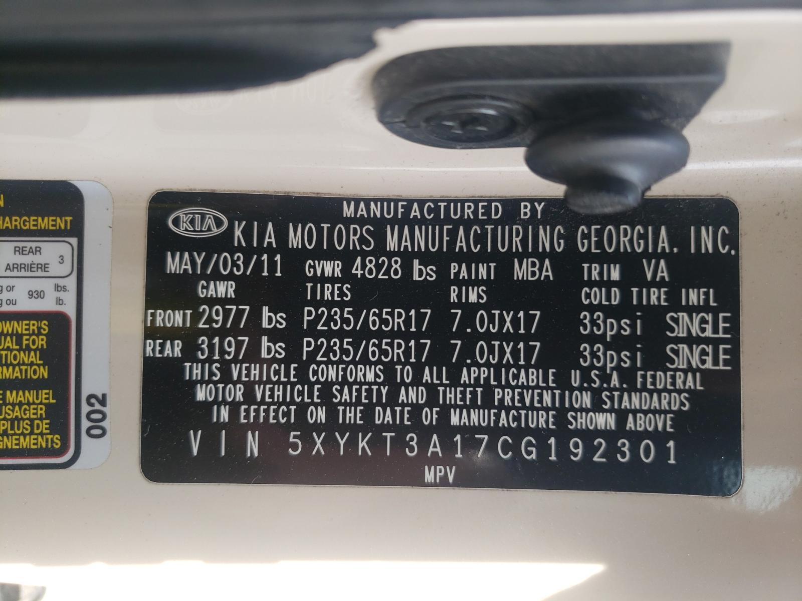 Photo 10 from auction – 2012 KIA SORENTO BA with VIN 5XYKT3A17CG192301