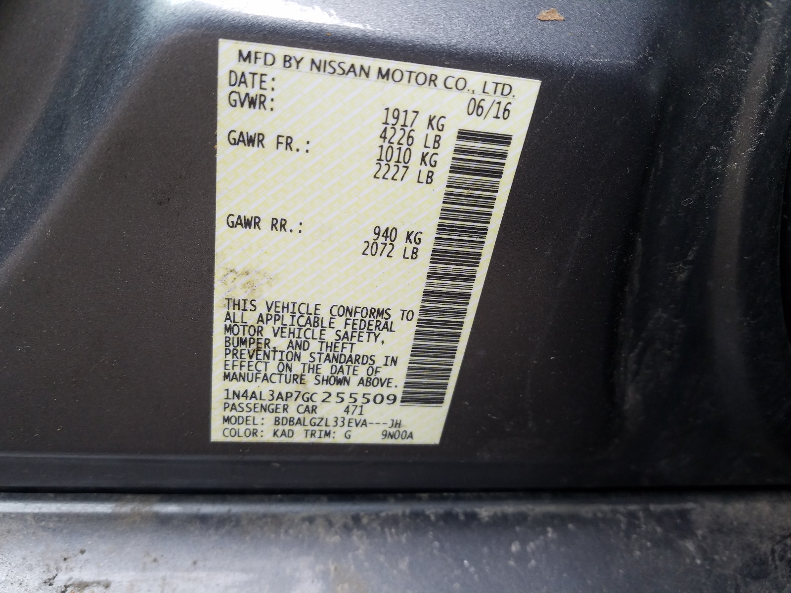 Photo 10 from auction – 2016 NISSAN ALTIMA 2.5 with VIN 1N4AL3AP7GC255509