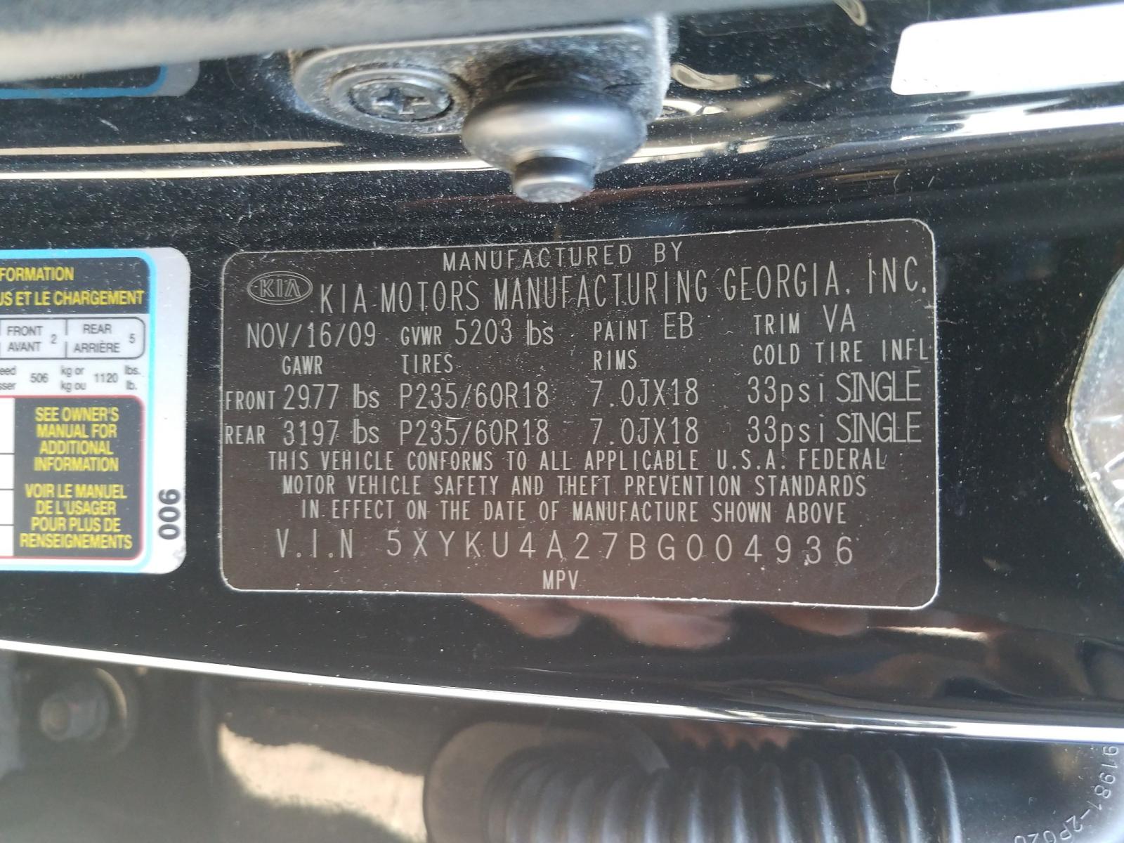 Photo 10 from auction – 2011 KIA SORENTO EX with VIN 5XYKU4A27BG004936