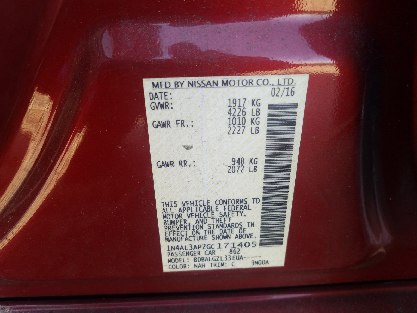 Photo 10 from auction – 2016 NISSAN ALTIMA 2.5 with VIN 1N4AL3AP2GC171405