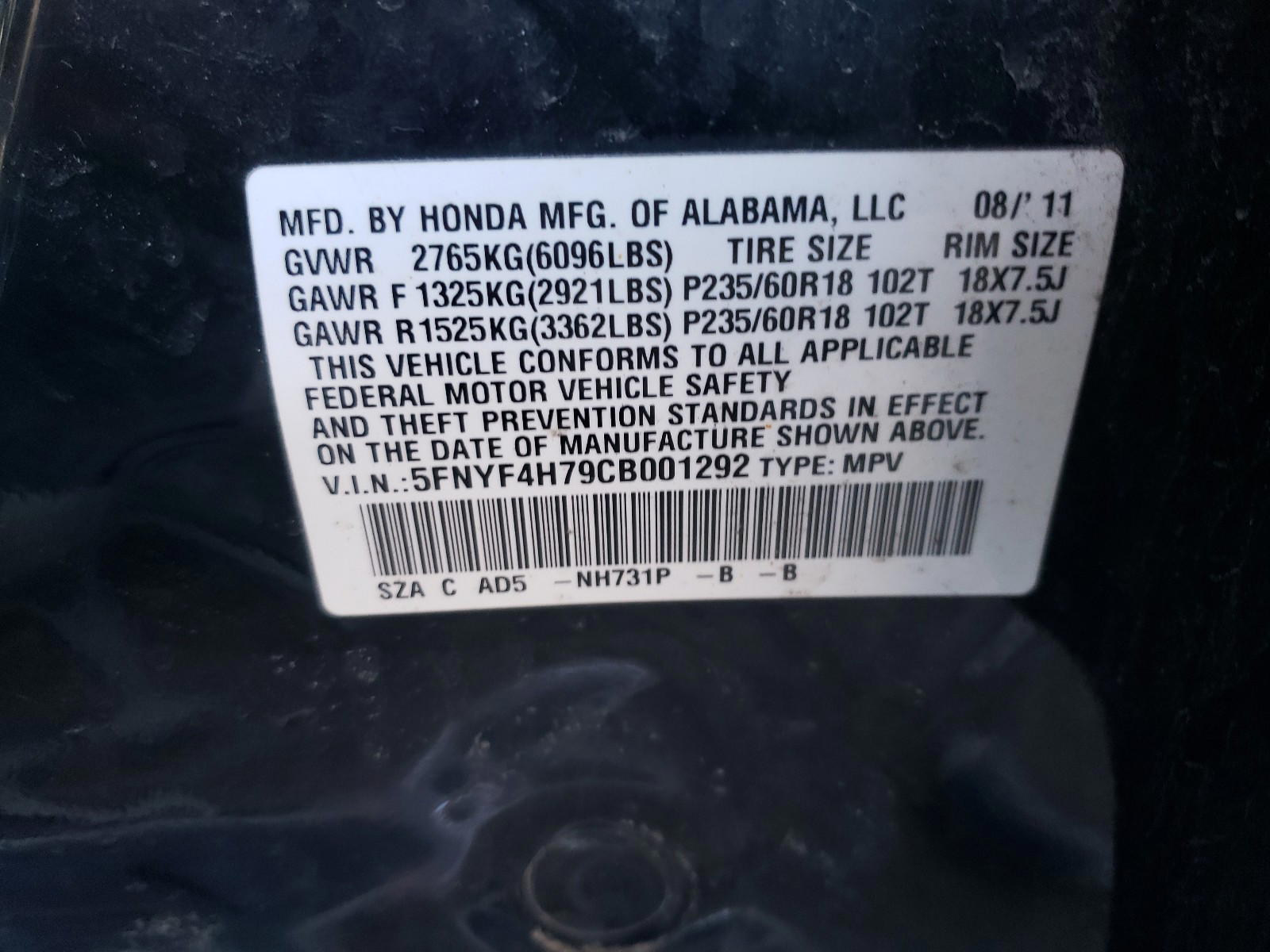 Photo 10 from auction – 2012 HONDA PILOT EXLN with VIN 5FNYF4H79CB001292