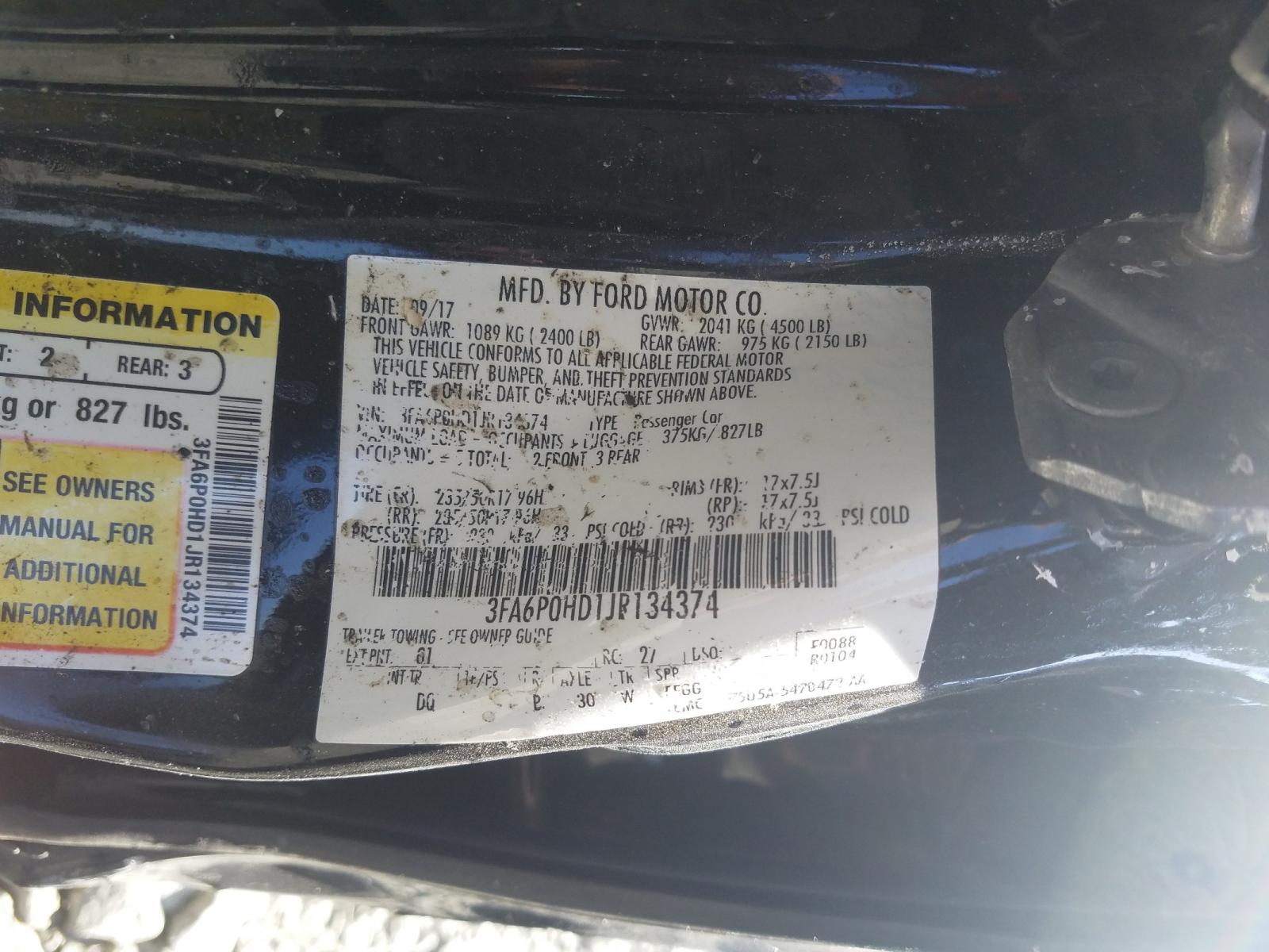 Photo 10 from auction – 2018 FORD FUSION SE with VIN 3FA6P0HD1JR134374