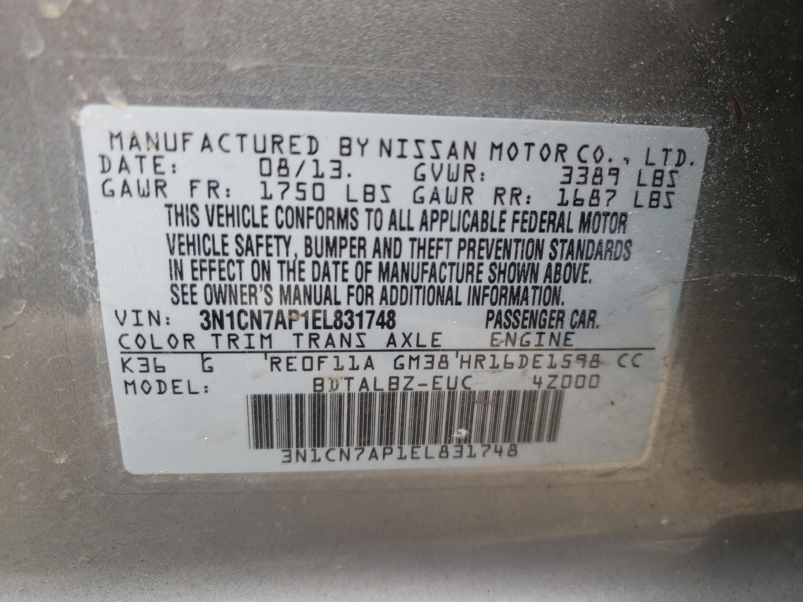 Photo 10 from auction – 2014 NISSAN VERSA SV with VIN 3N1CN7AP1EL831748