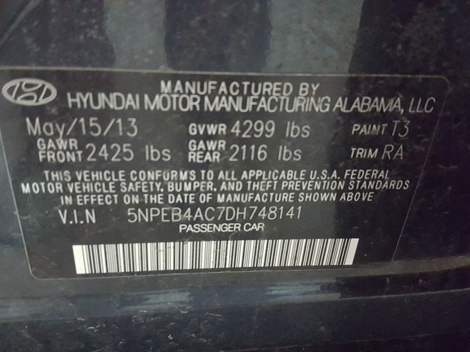 Photo 10 from auction – 2013 HYUNDAI SONATA GLS with VIN 5NPEB4AC7DH748141