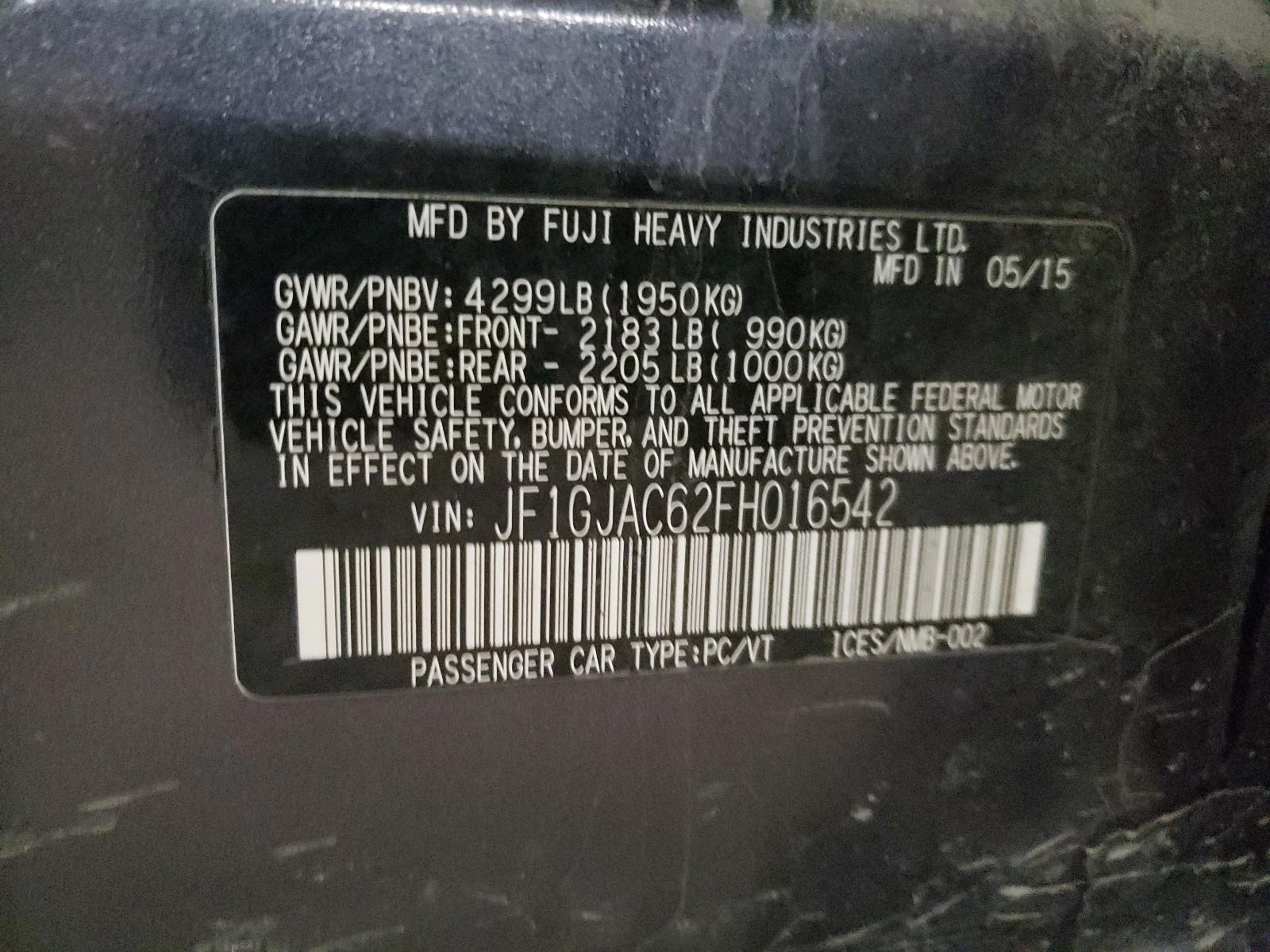 Photo 10 from auction – 2015 SUBARU IMPREZA PR with VIN JF1GJAC62FH016542