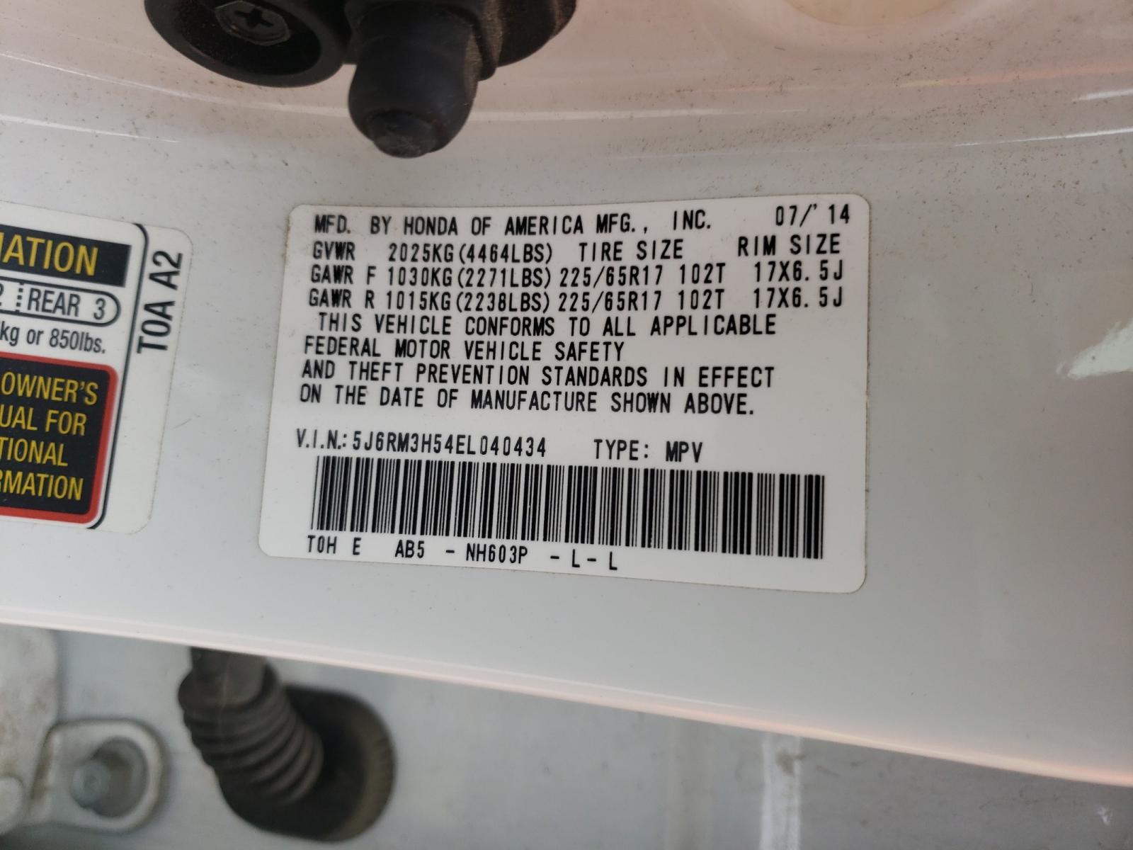 Photo 10 from auction – 2014 HONDA CR-V EX with VIN 5J6RM3H54EL040434