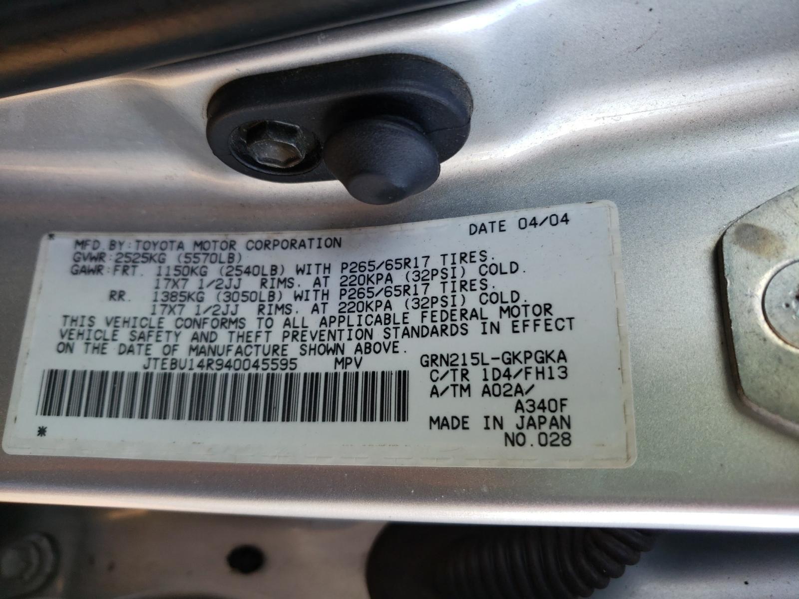 Photo 10 from auction – 2004 TOYOTA 4RUNNER SR with VIN JTEBU14R940045595