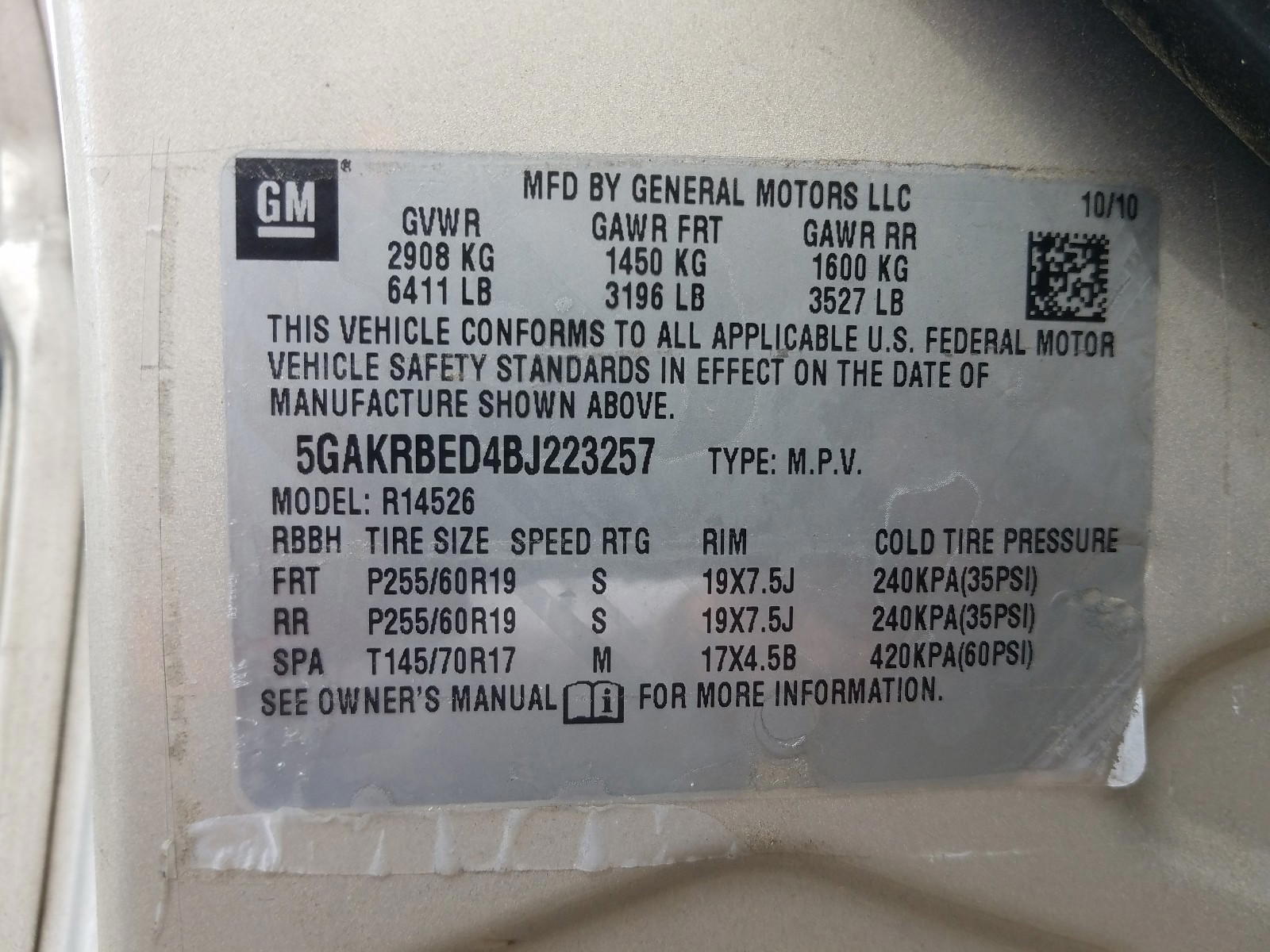 Photo 10 from auction – 2011 BUICK ENCLAVE CX with VIN 5GAKRBED4BJ223257