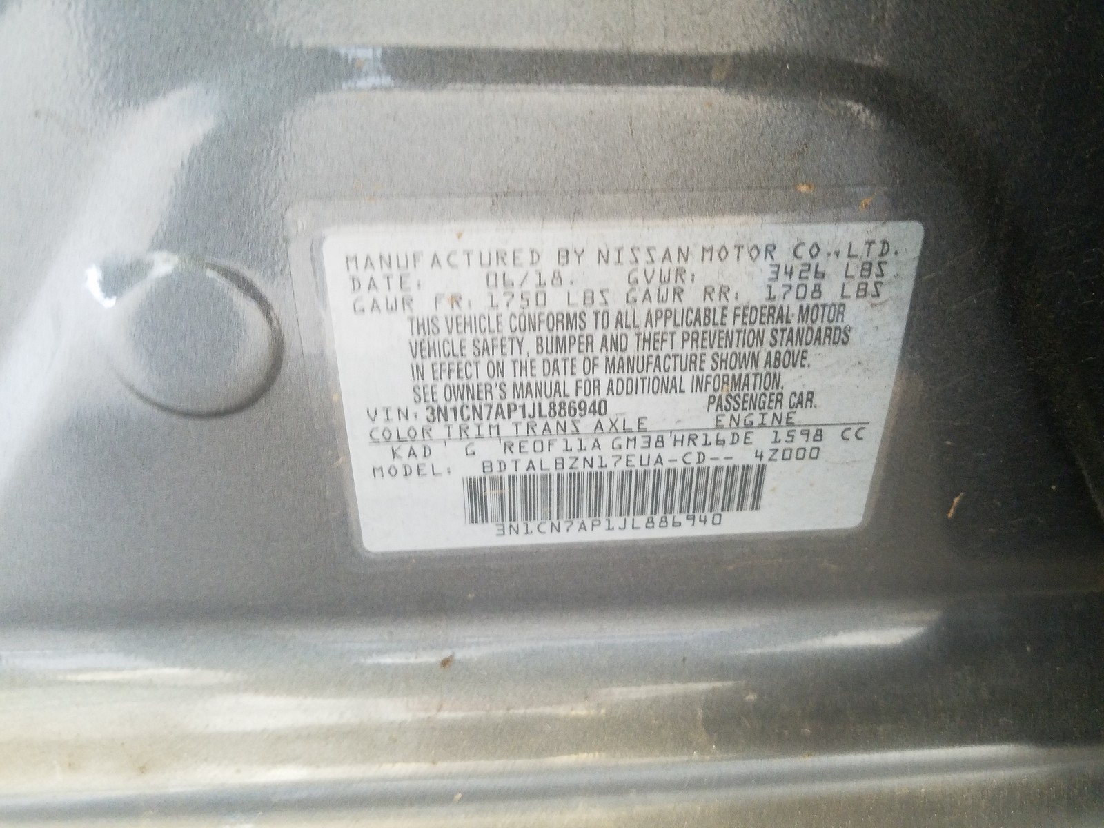 Photo 10 from auction – 2018 NISSAN VERSA S with VIN 3N1CN7AP1JL886940