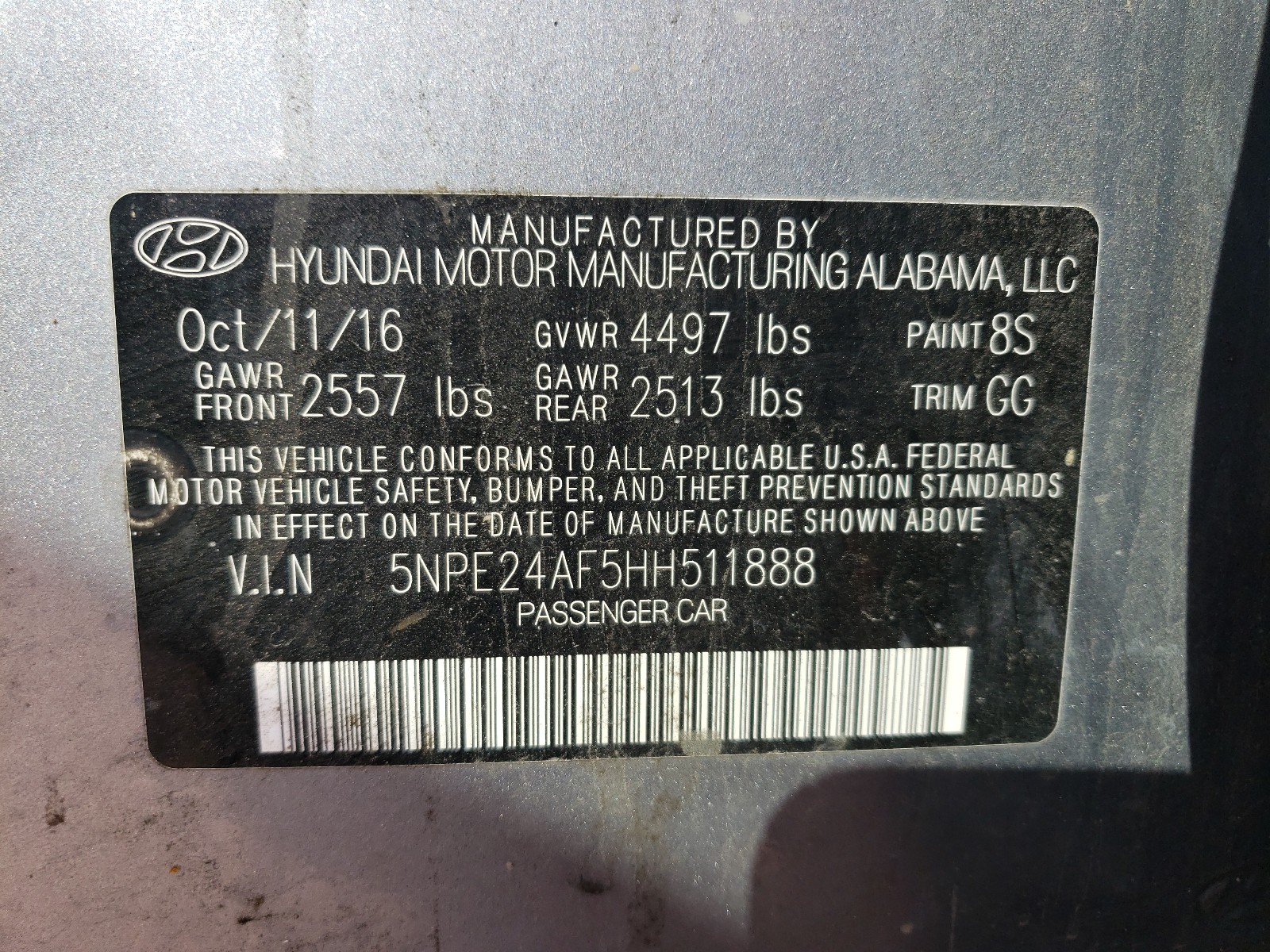 Photo 10 from auction – 2017 HYUNDAI SONATA SE with VIN 5NPE24AF5HH511888