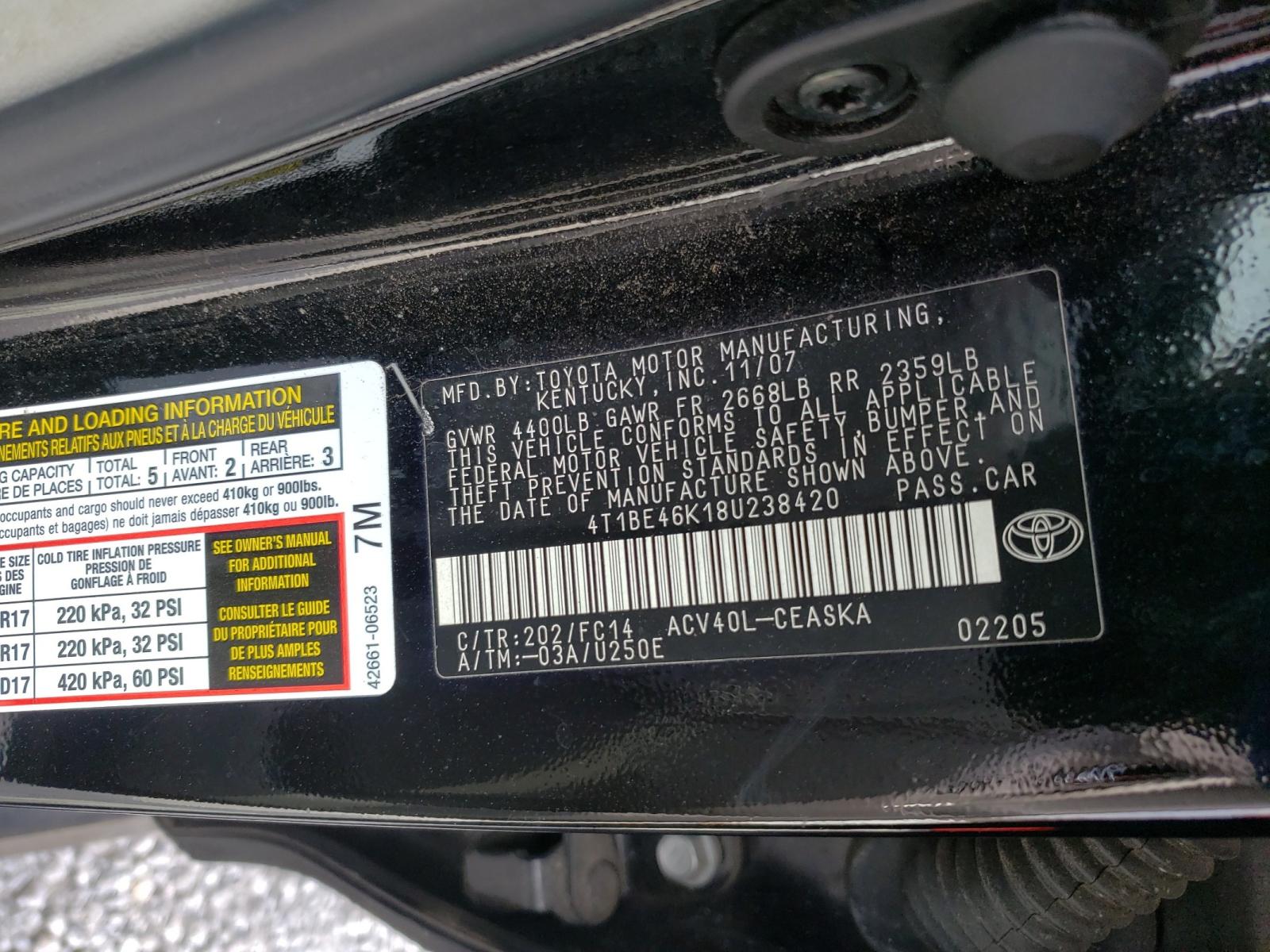 Photo 10 from auction – 2008 TOYOTA CAMRY CE with VIN 4T1BE46K18U238420