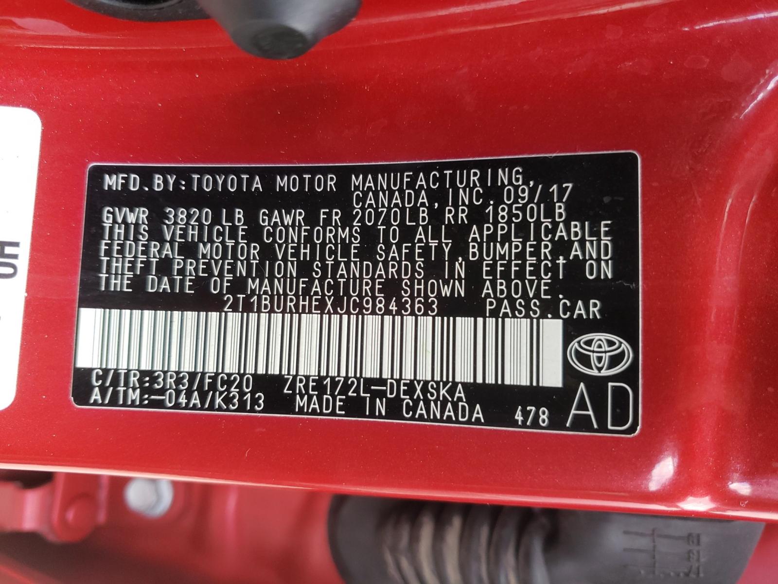 Photo 10 from auction – 2018 TOYOTA COROLLA L with VIN 2T1BURHEXJC984363