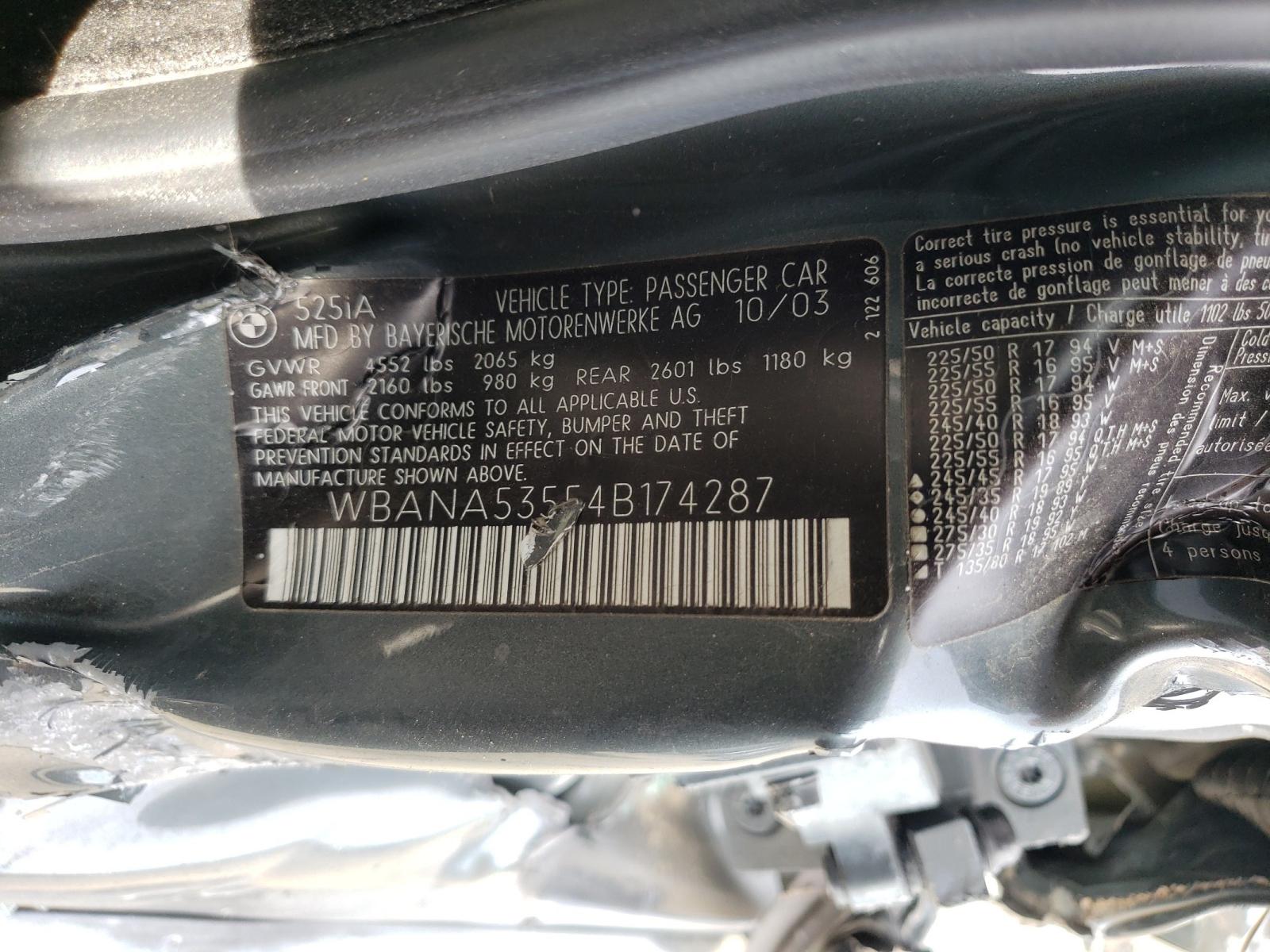 Photo 10 from auction – 2004 BMW 525 I with VIN WBANA53554B174287