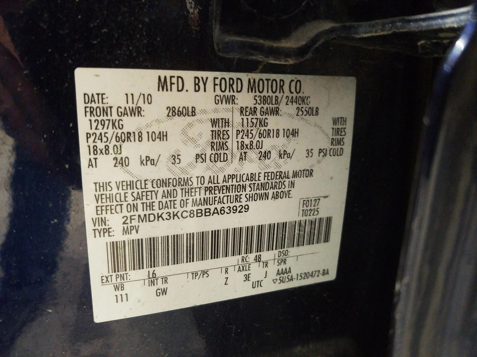Photo 10 from auction – 2011 FORD EDGE LIMIT with VIN 2FMDK3KC8BBA63929