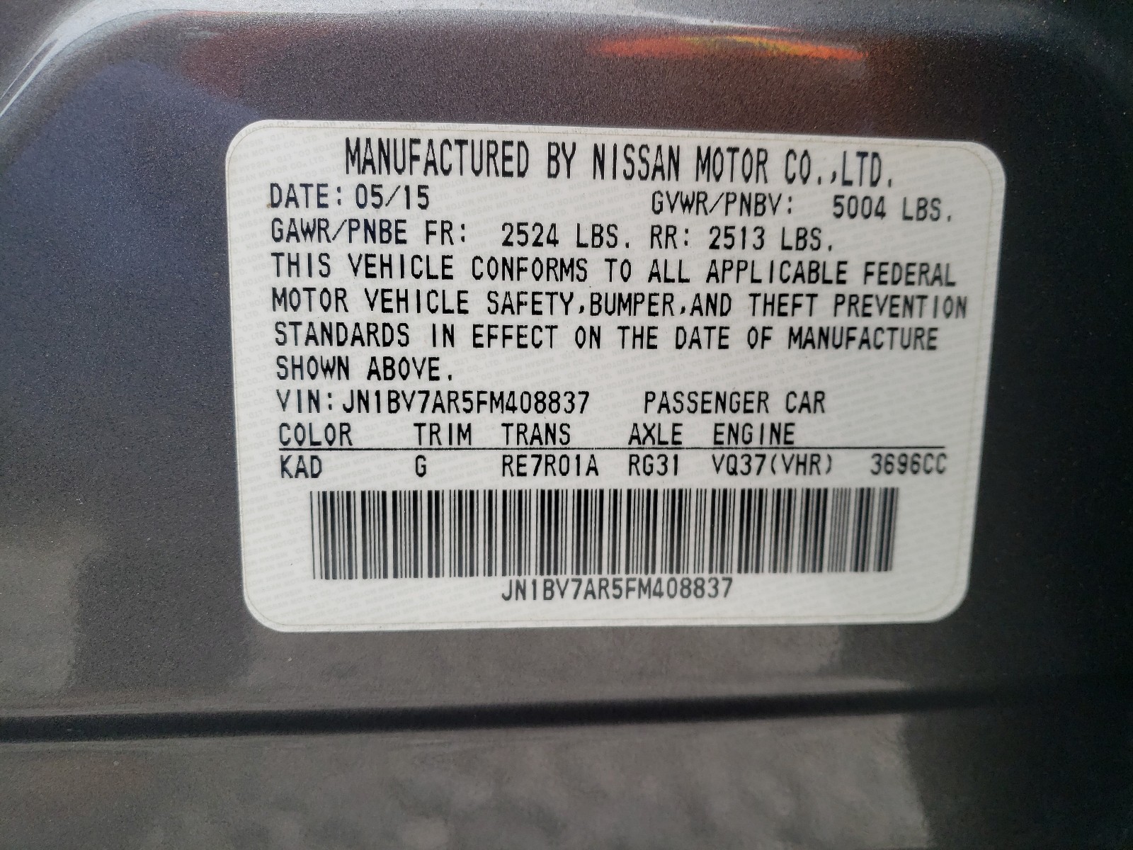 Photo 10 from auction – 2015 INFINITI Q50 BASE with VIN JN1BV7AR5FM408837
