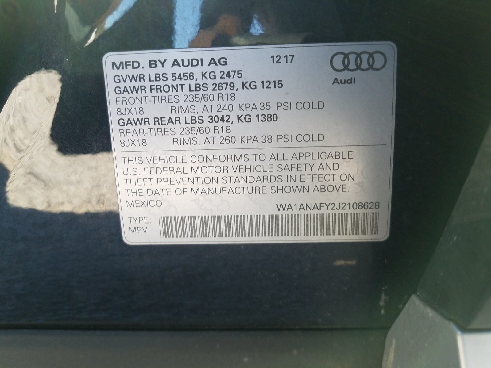 Photo 10 from auction – 2018 AUDI Q5 PREMIUM with VIN WA1ANAFY2J2108628