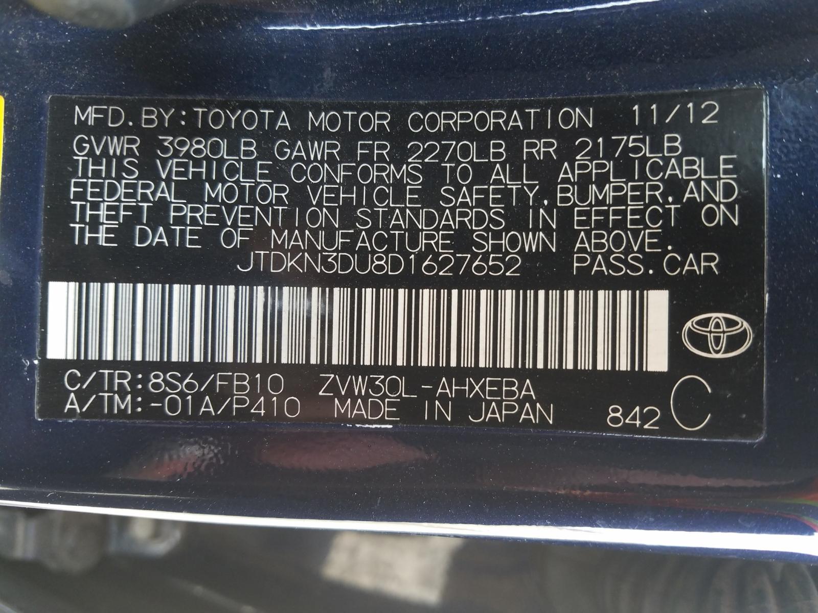 Photo 10 from auction – 2013 TOYOTA PRIUS with VIN JTDKN3DU8D1627652