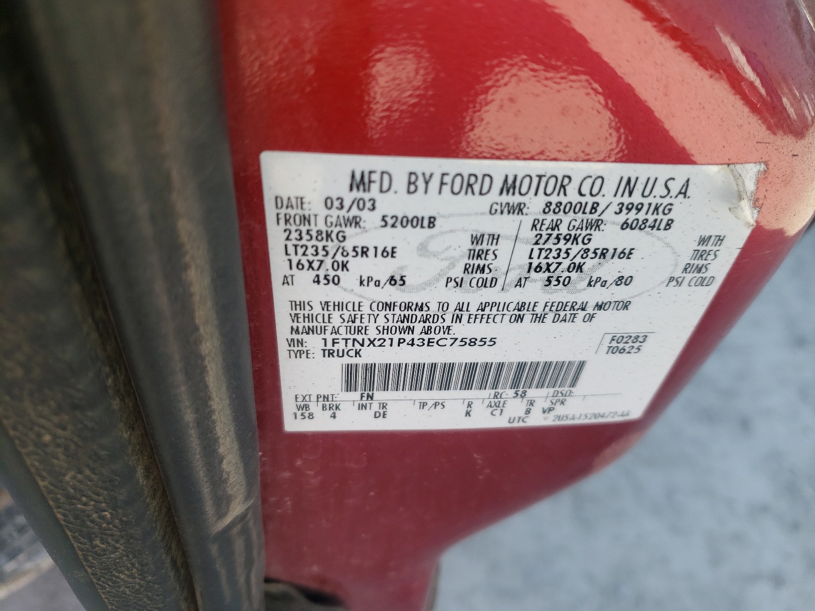 Photo 10 from auction – 2003 FORD F250 SUPER with VIN 1FTNX21P43EC75855