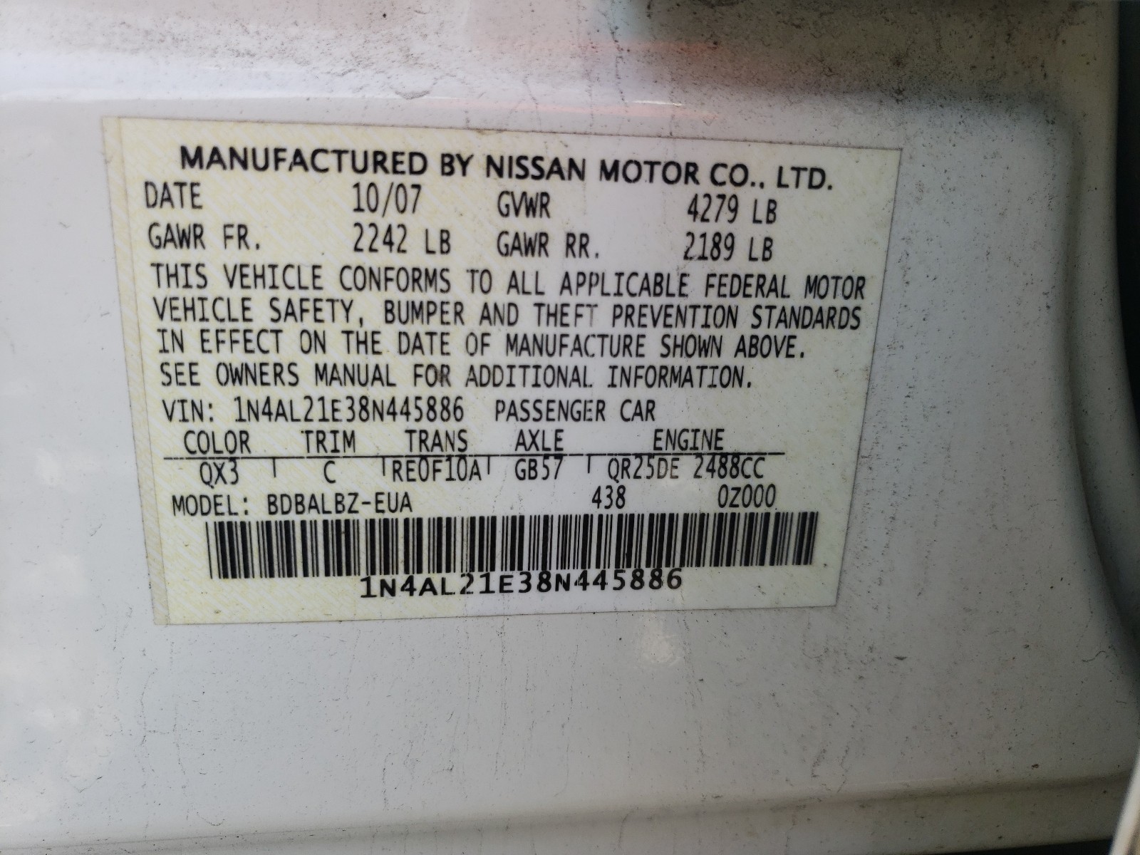 Photo 10 from auction – 2008 NISSAN ALTIMA with VIN 1N4AL21E38N445886