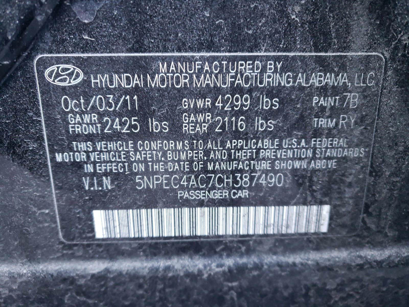 Photo 10 from auction – 2012 HYUNDAI SONATA SE with VIN 5NPEC4AC7CH387490