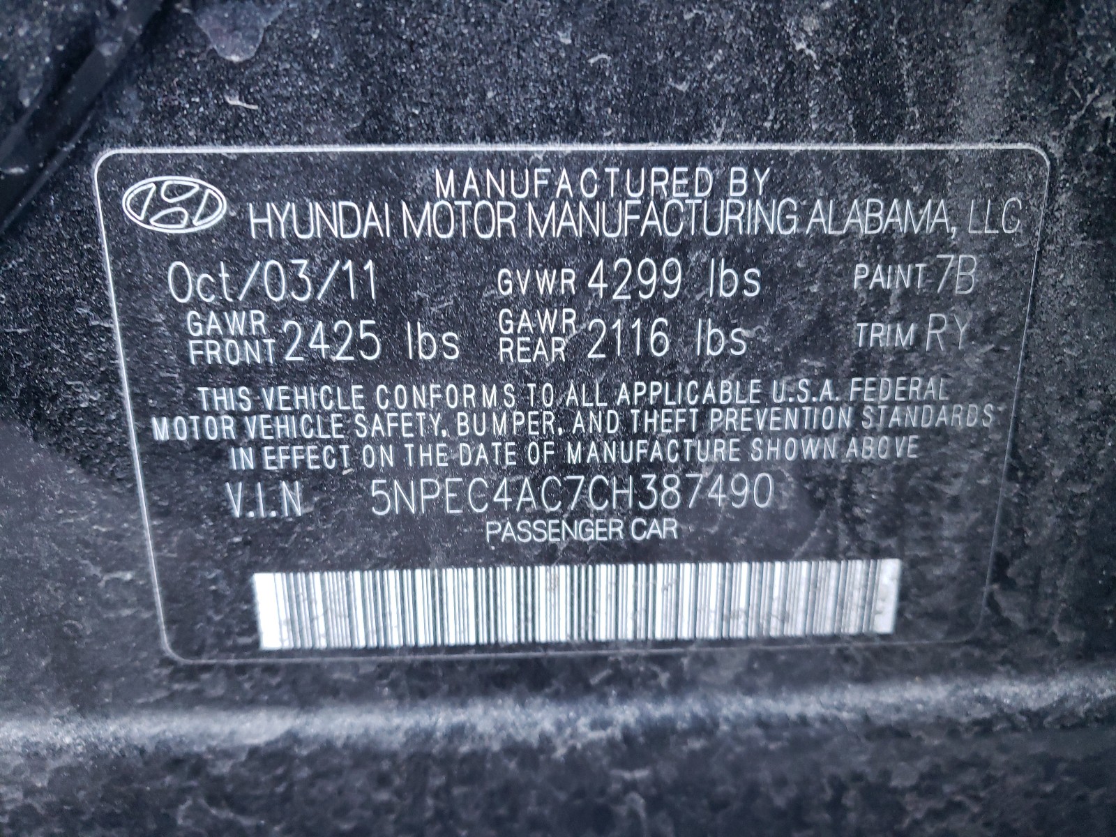 Снимка 10 от търг – 2012 HYUNDAI SONATA SE с VIN 5NPEC4AC7CH387490
