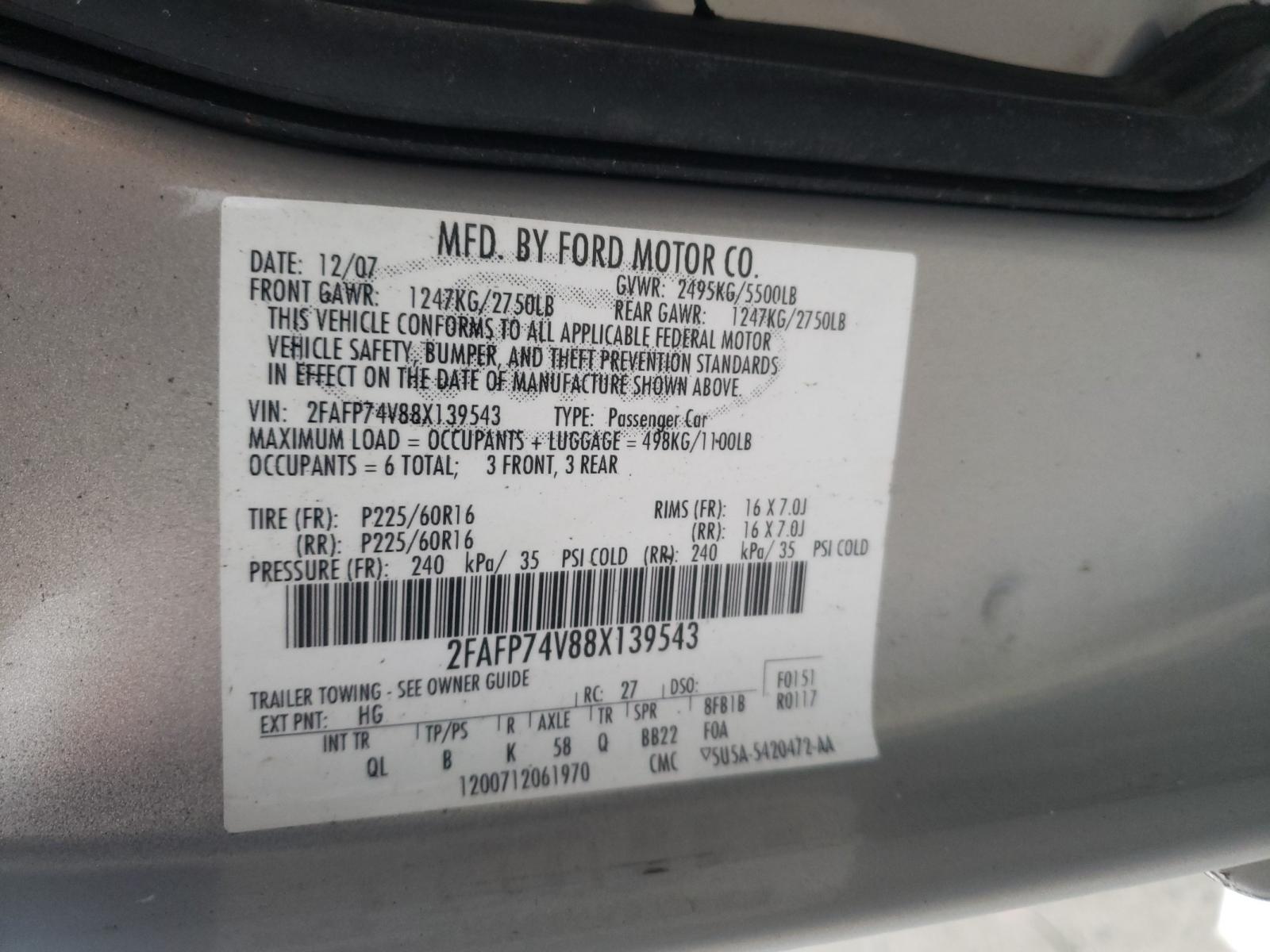Photo 10 from auction – 2008 FORD CROWN VICT with VIN 2FAFP74V88X139543
