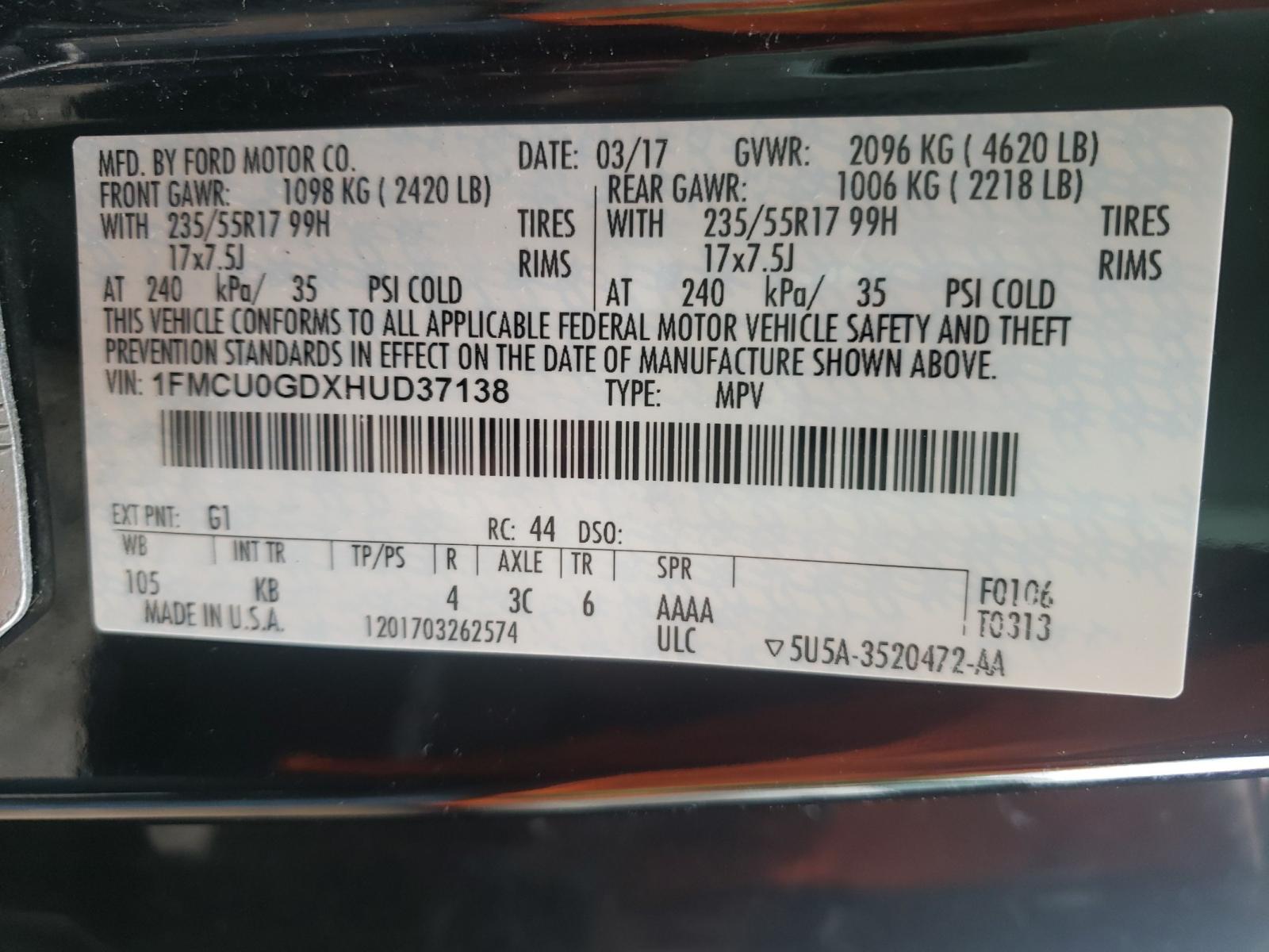 Photo 10 from auction – 2017 FORD ESCAPE SE with VIN 1FMCU0GDXHUD37138