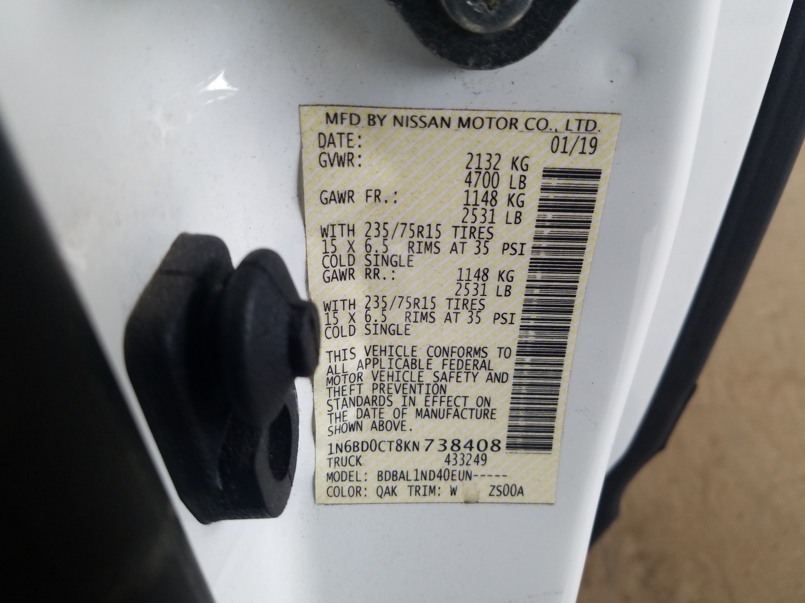 Photo 10 from auction – 2019 NISSAN FRONTIER S with VIN 1N6BD0CT8KN738408